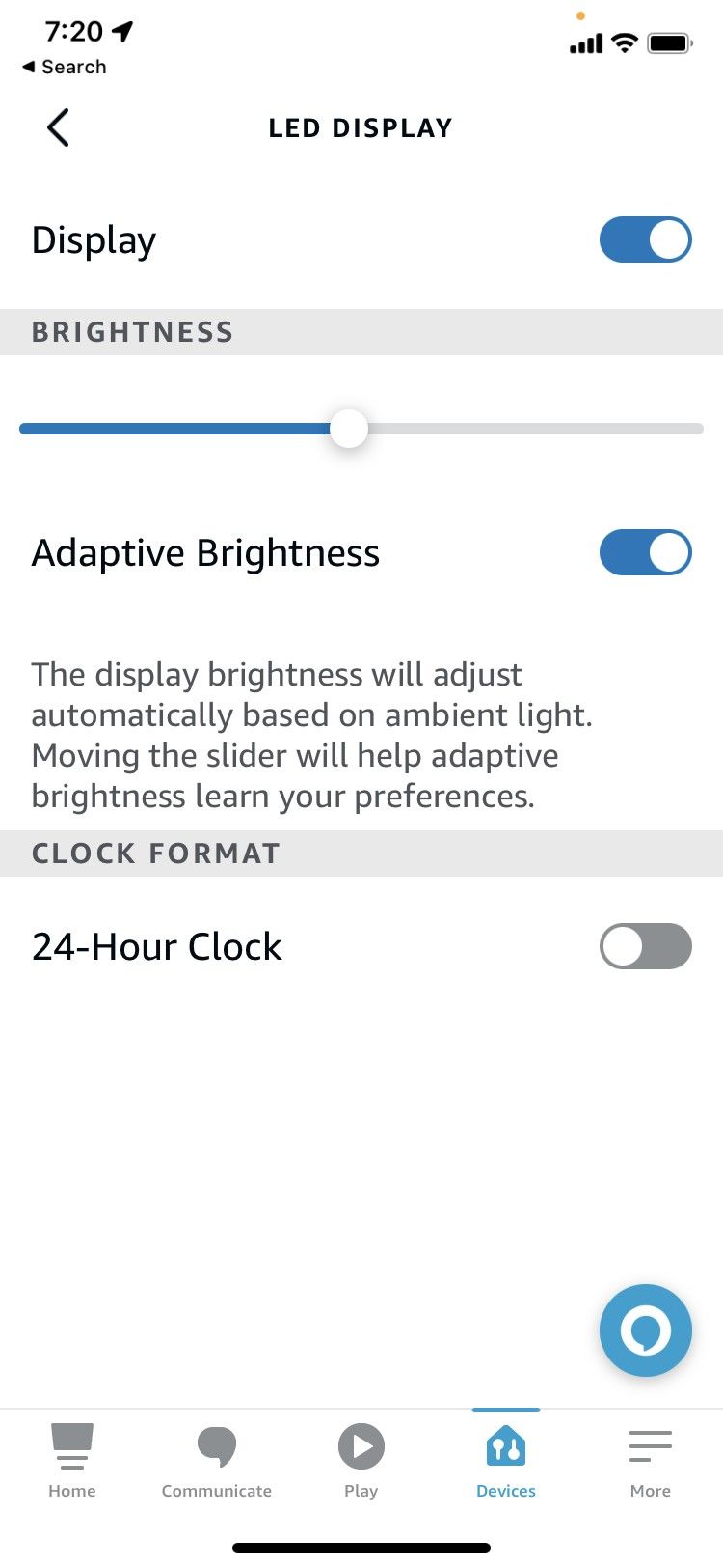 LED Display options in the Alexa app