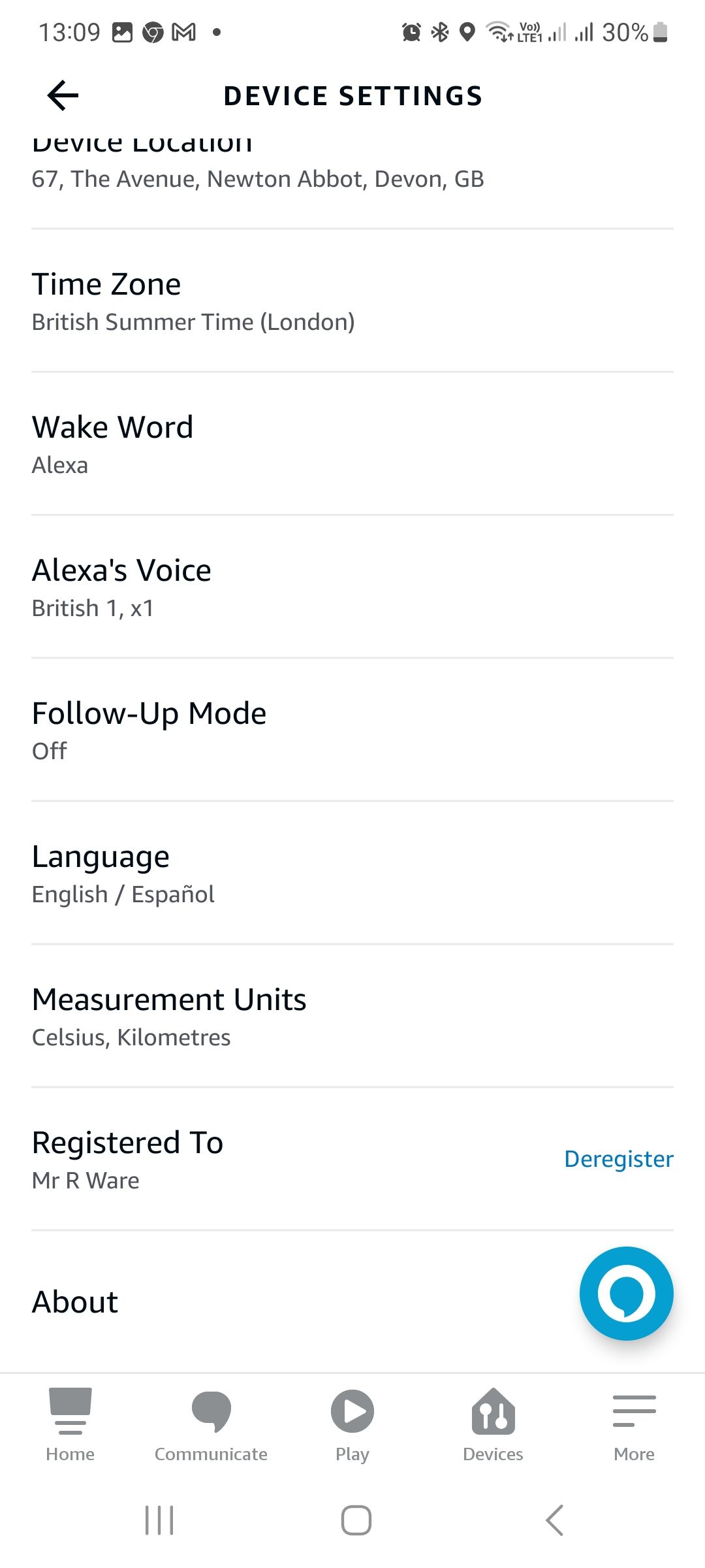 device settings for an echo device
