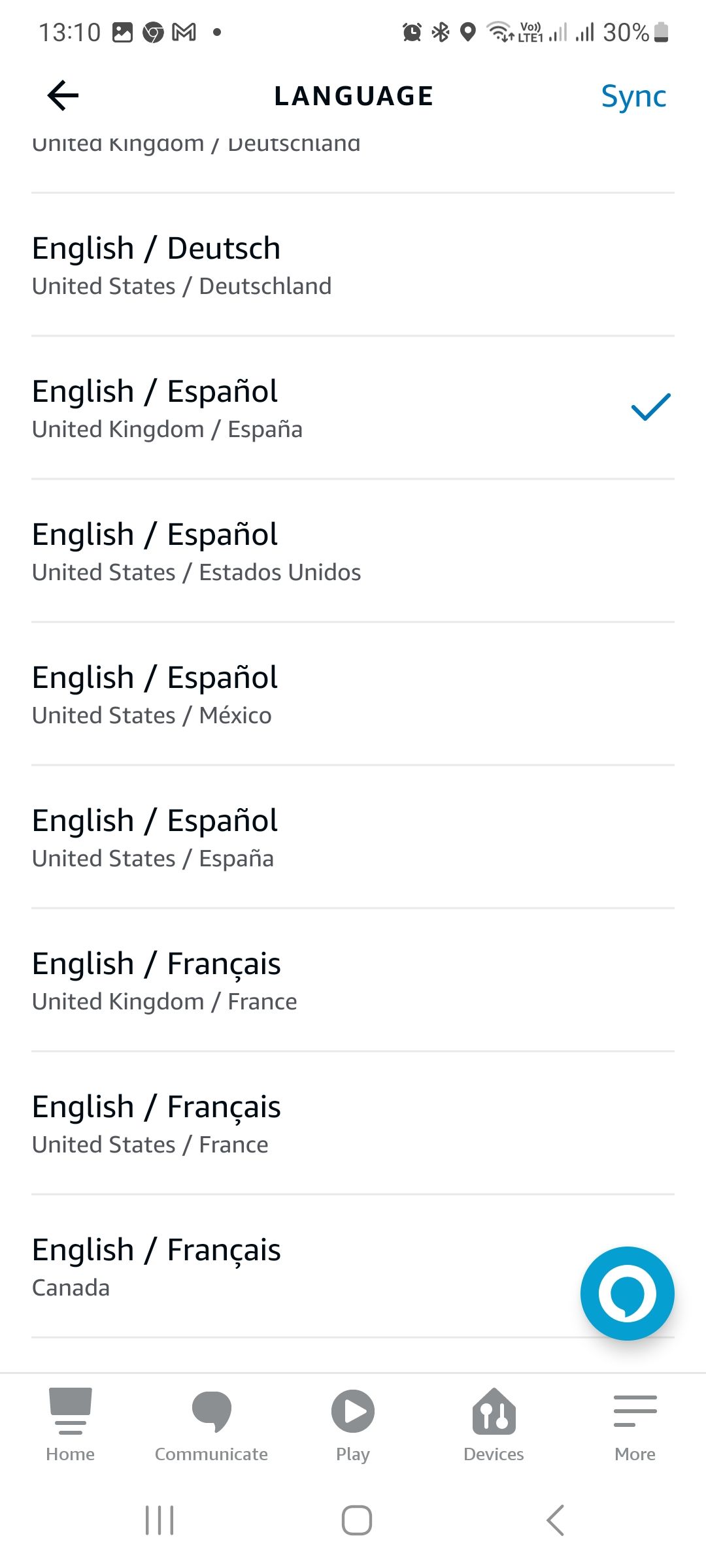 language settings in the alexa app