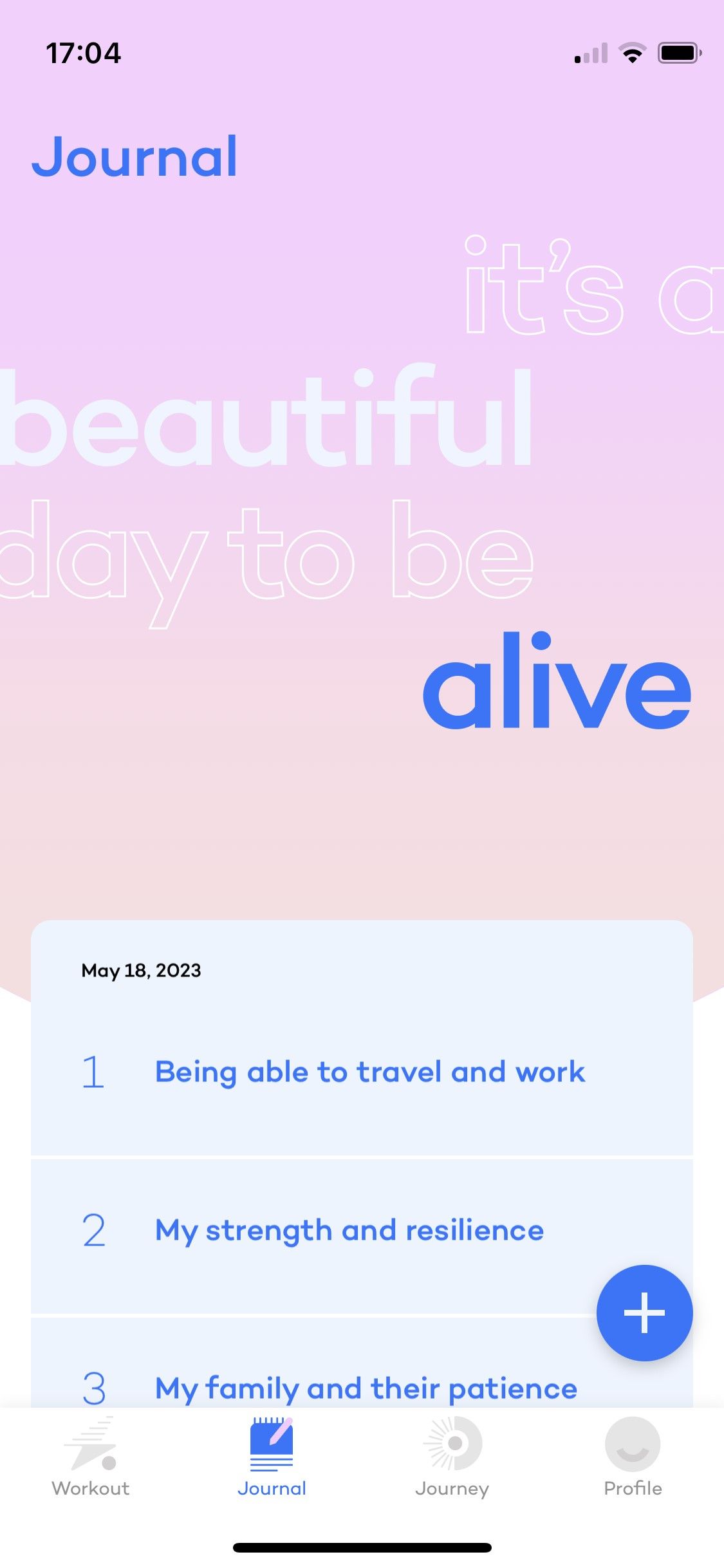Alive App screenshot of journal and gratitude entries