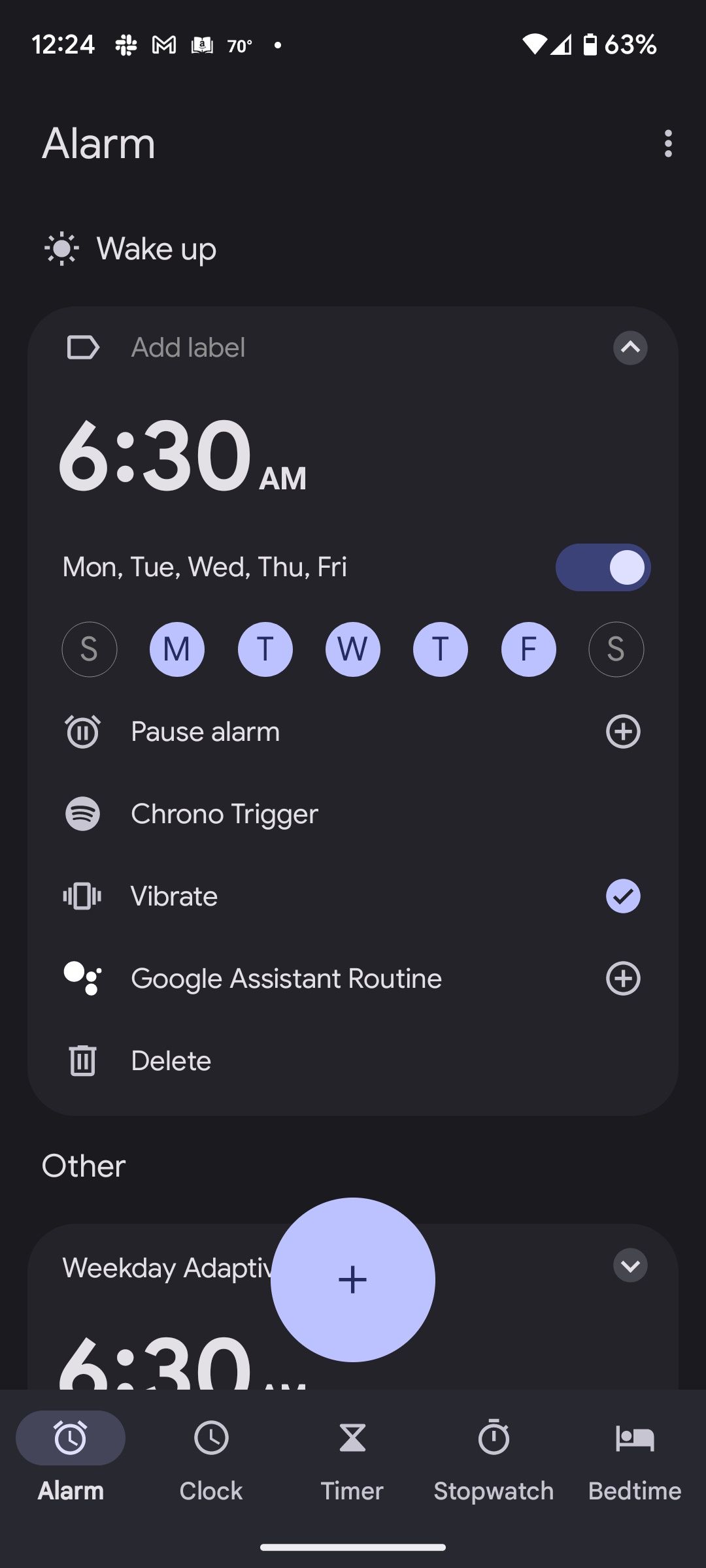 The Alarms page in the Android Clock app