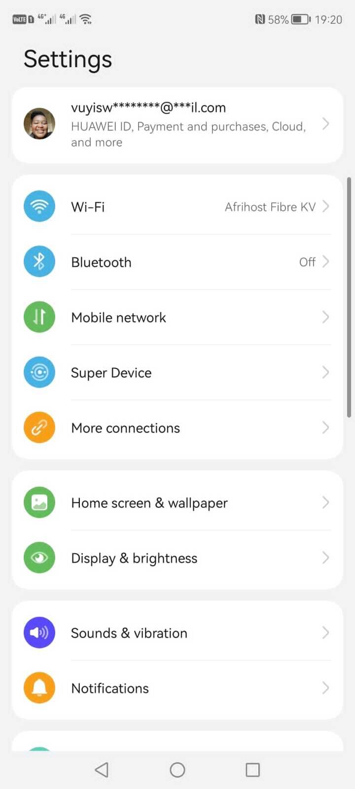 Settings menu on Android phone