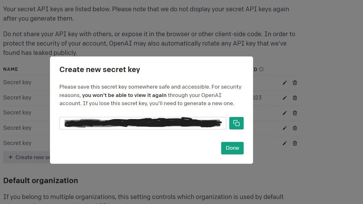 Screenshot showing blurred out OpenAI API keys