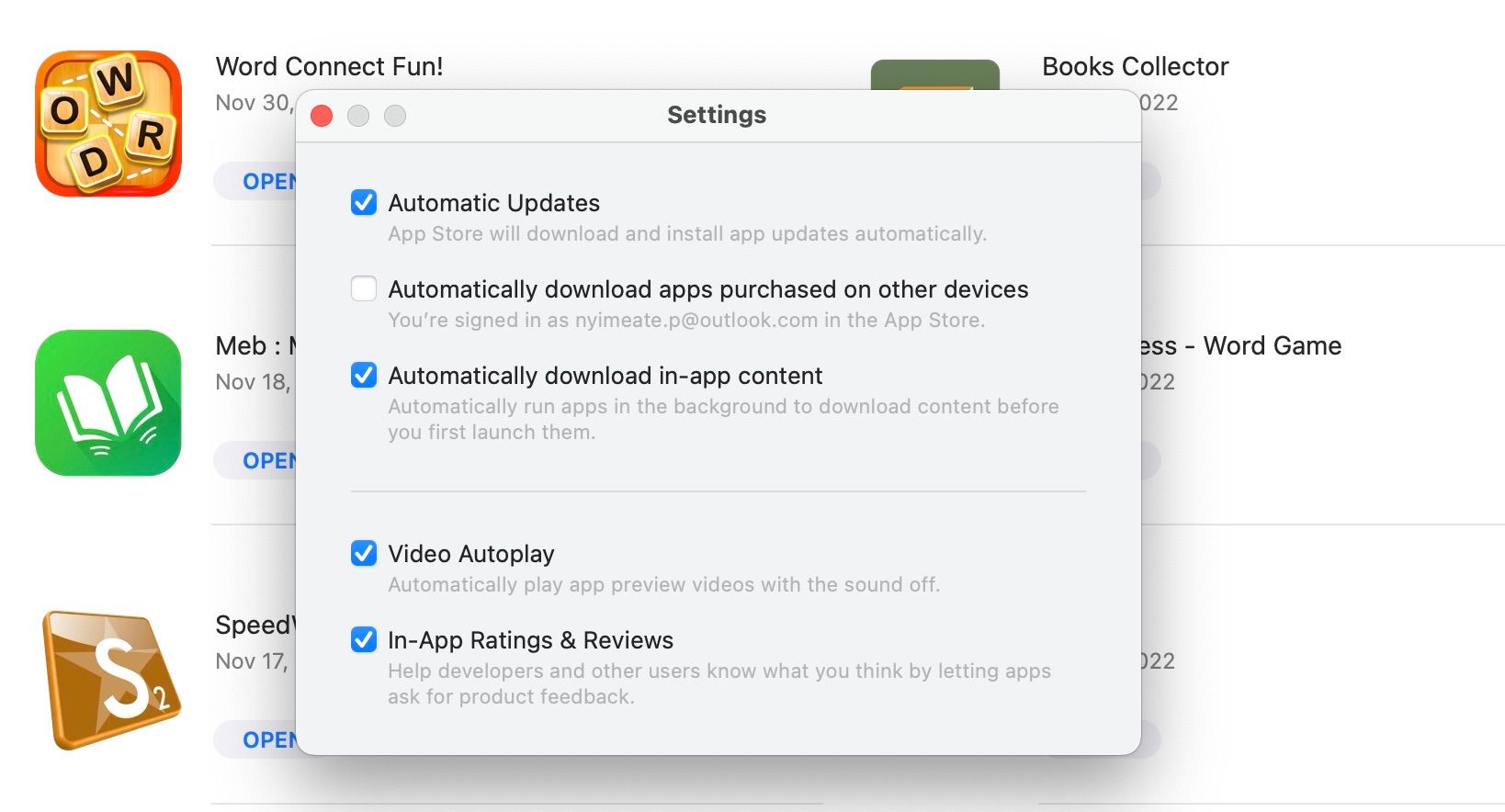 App Store settings window on macOS
