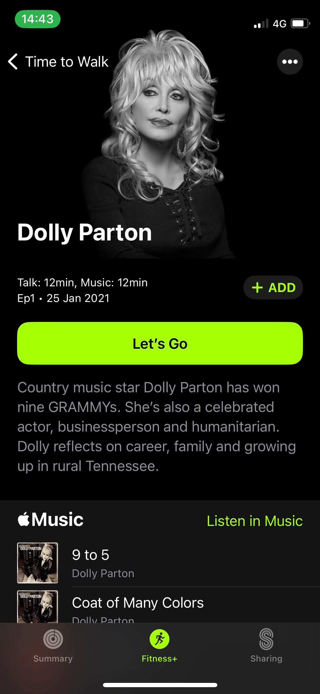 Apple Fitness+ Time to Walk Dolly Parton episode