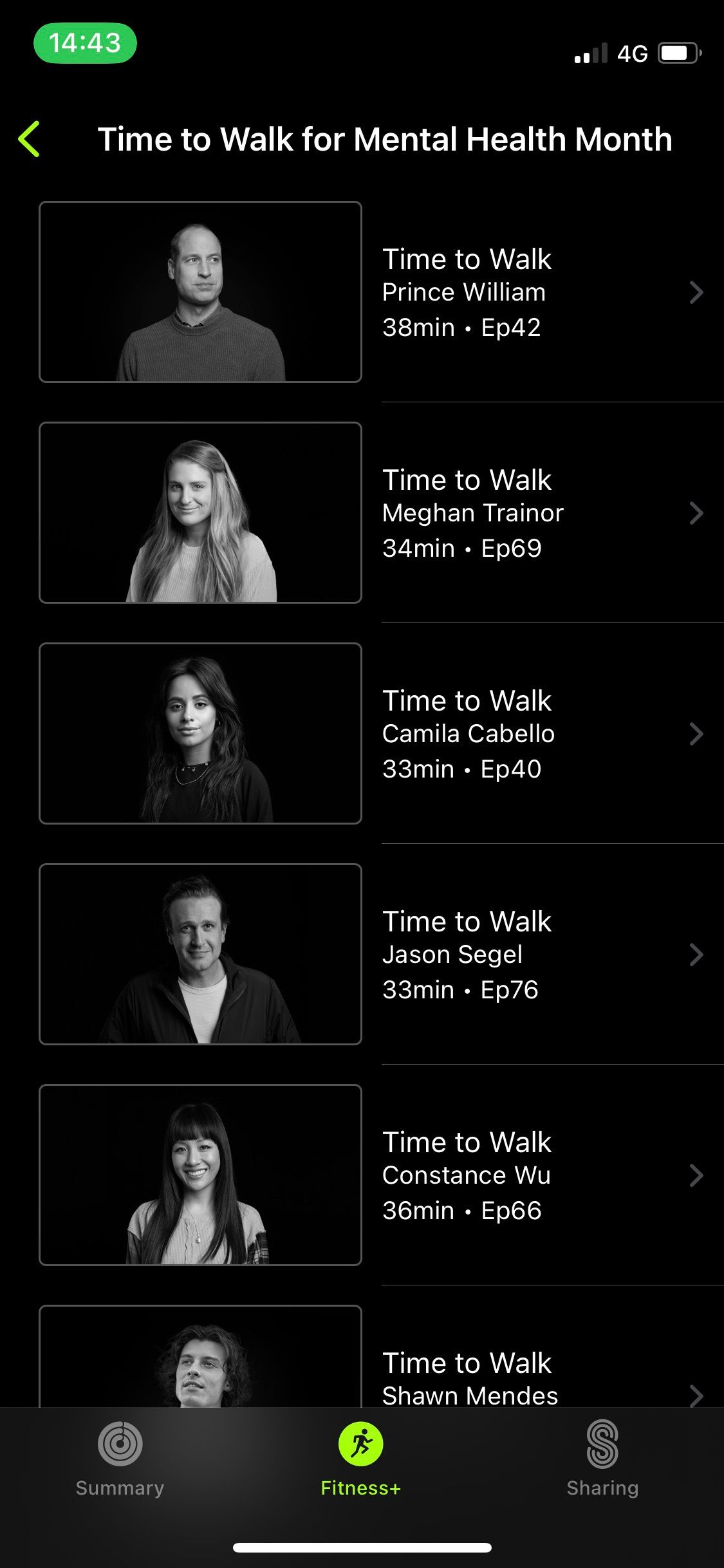 Apple Fitness+ Time to Walk for Mental Health Week app menu