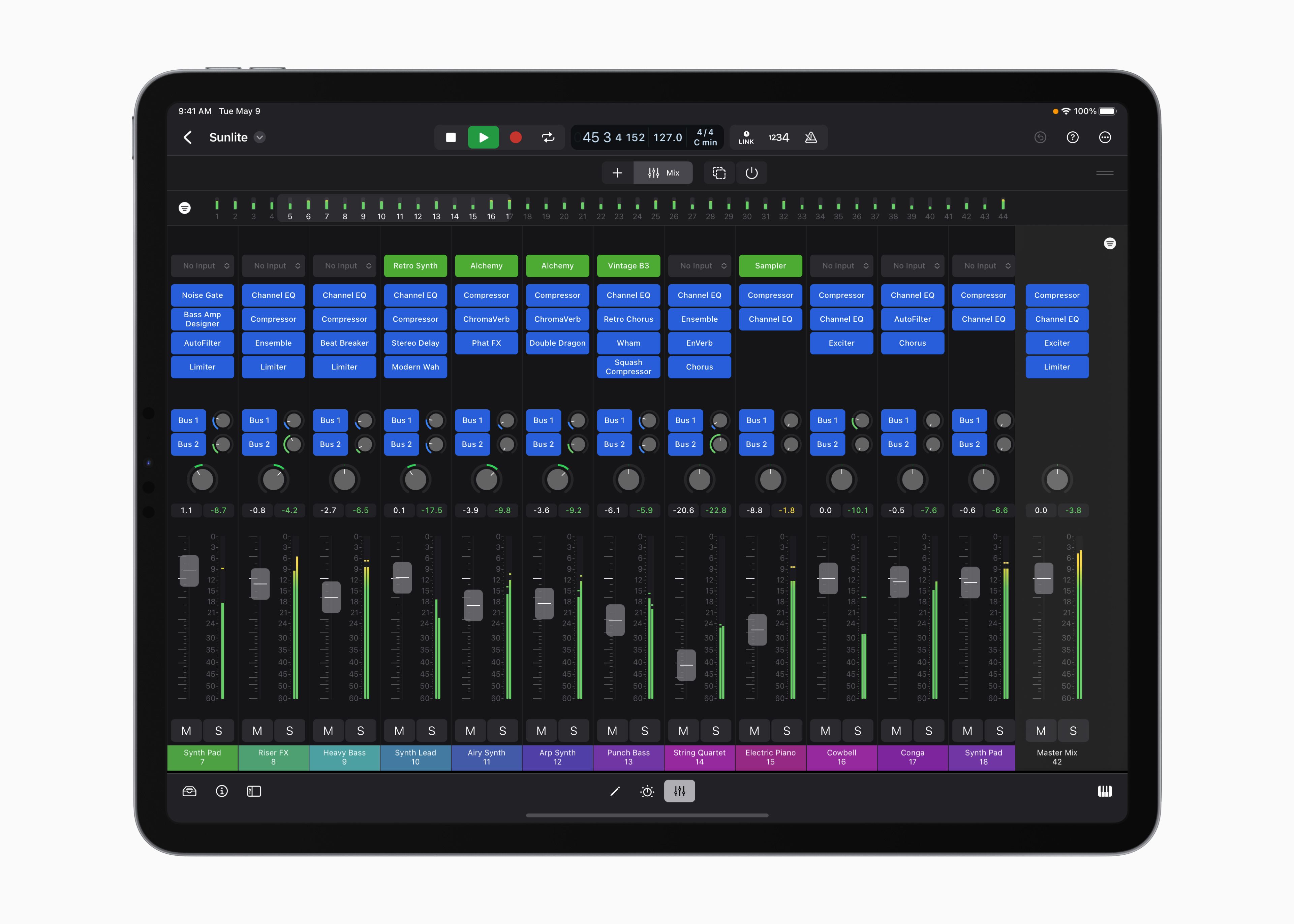 Logic Pro mixer on an iPad