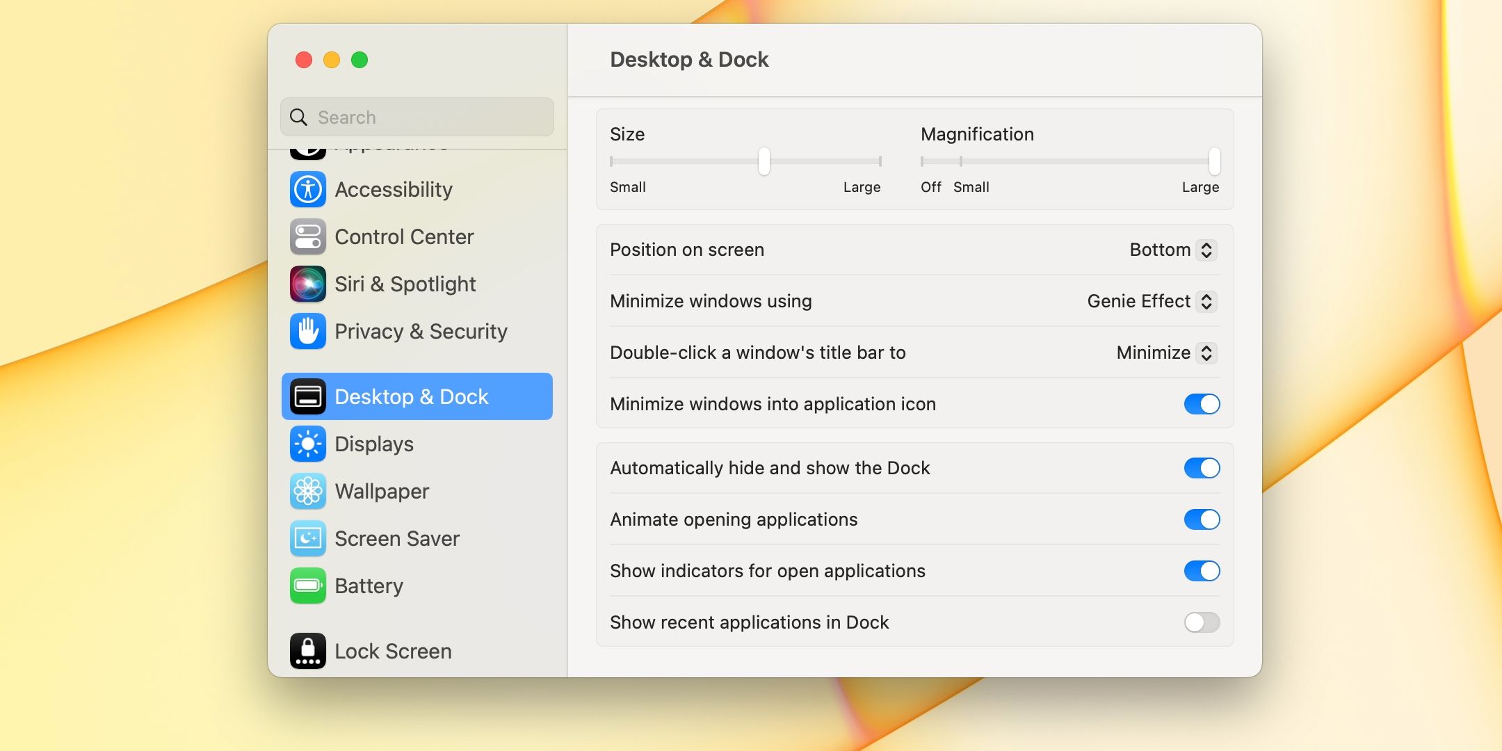 System Settings in macOS Ventura, with the option to automatically show and hide the Dock enabled 