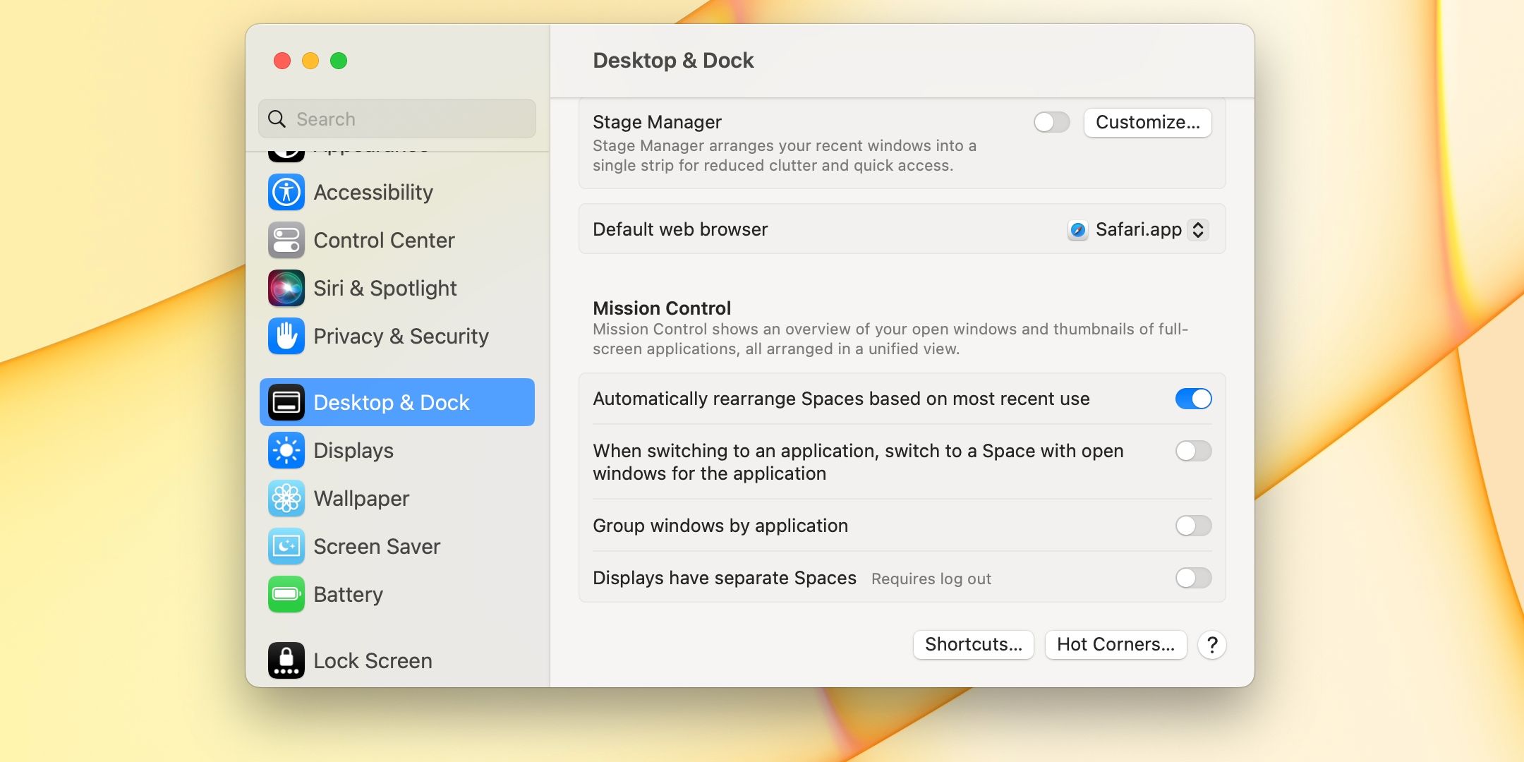 The Desktop and Dock settings in macOS Ventura with the Displays have separate Spaces option disabled
