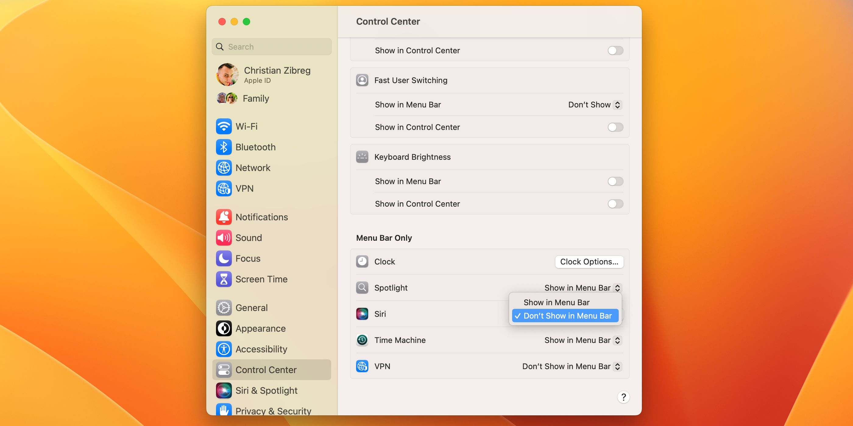 Adjusting menu bar items in the Control Center settings on macOS Ventura