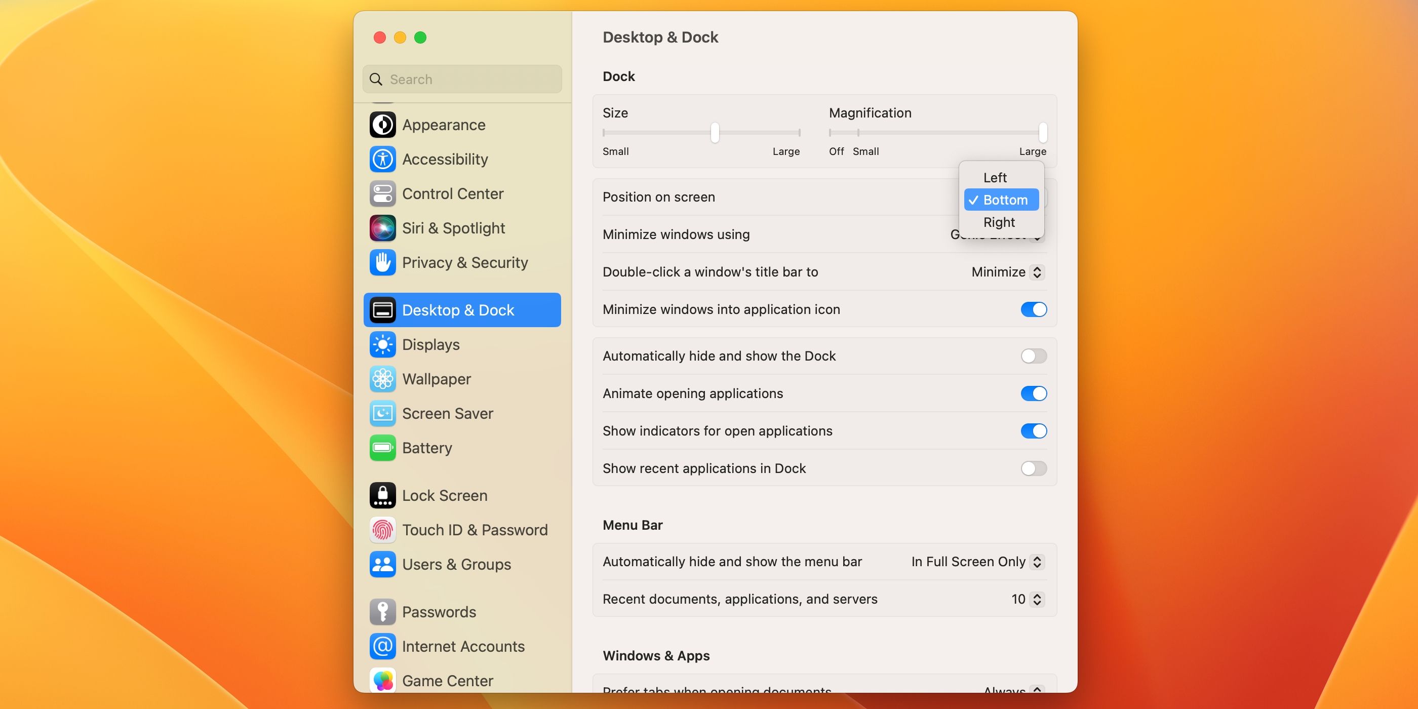Dock settings in the System Settings app on macOS Ventura
