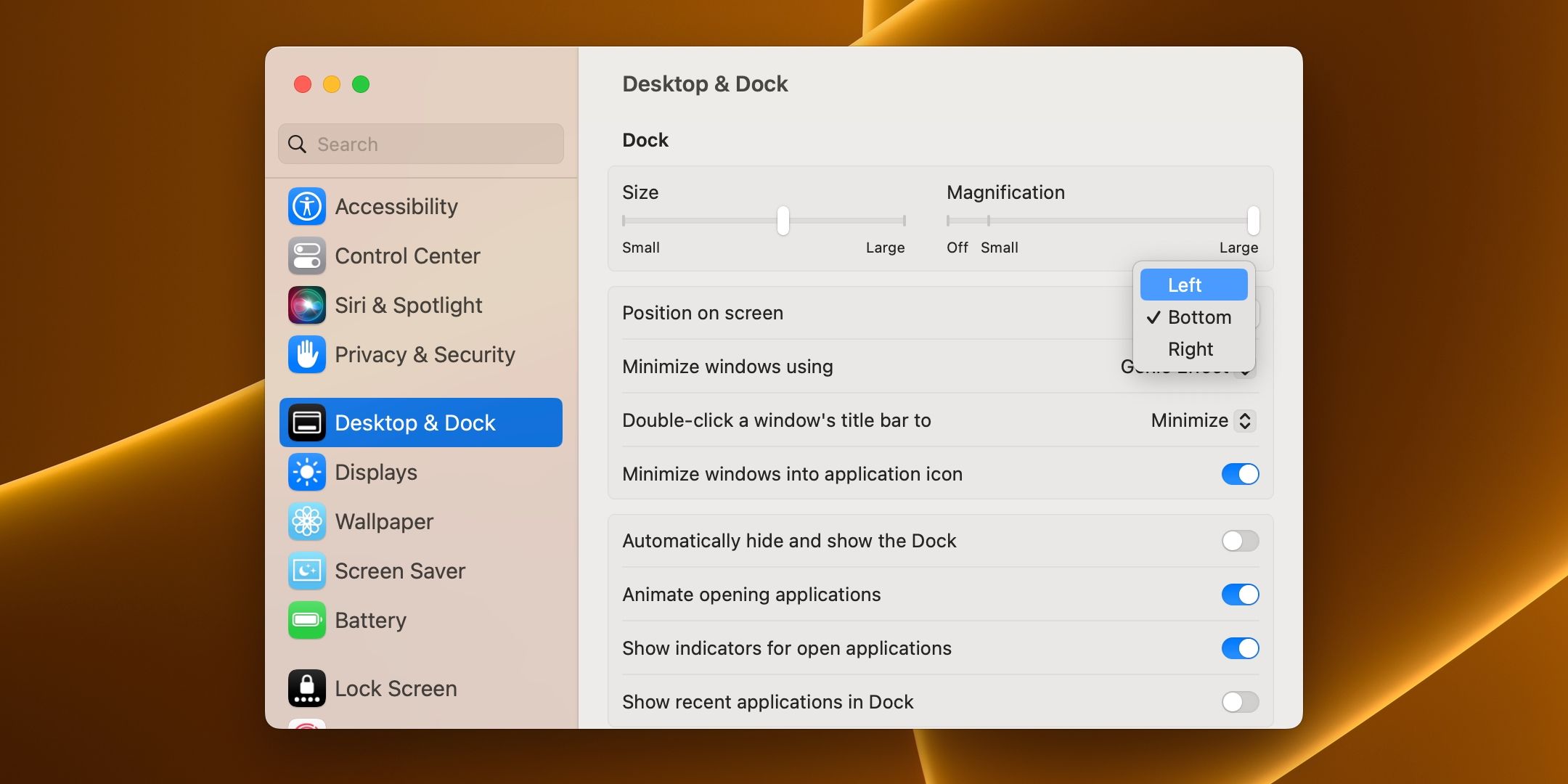 Changing the  Dock position using System Settings in macOS Ventura
