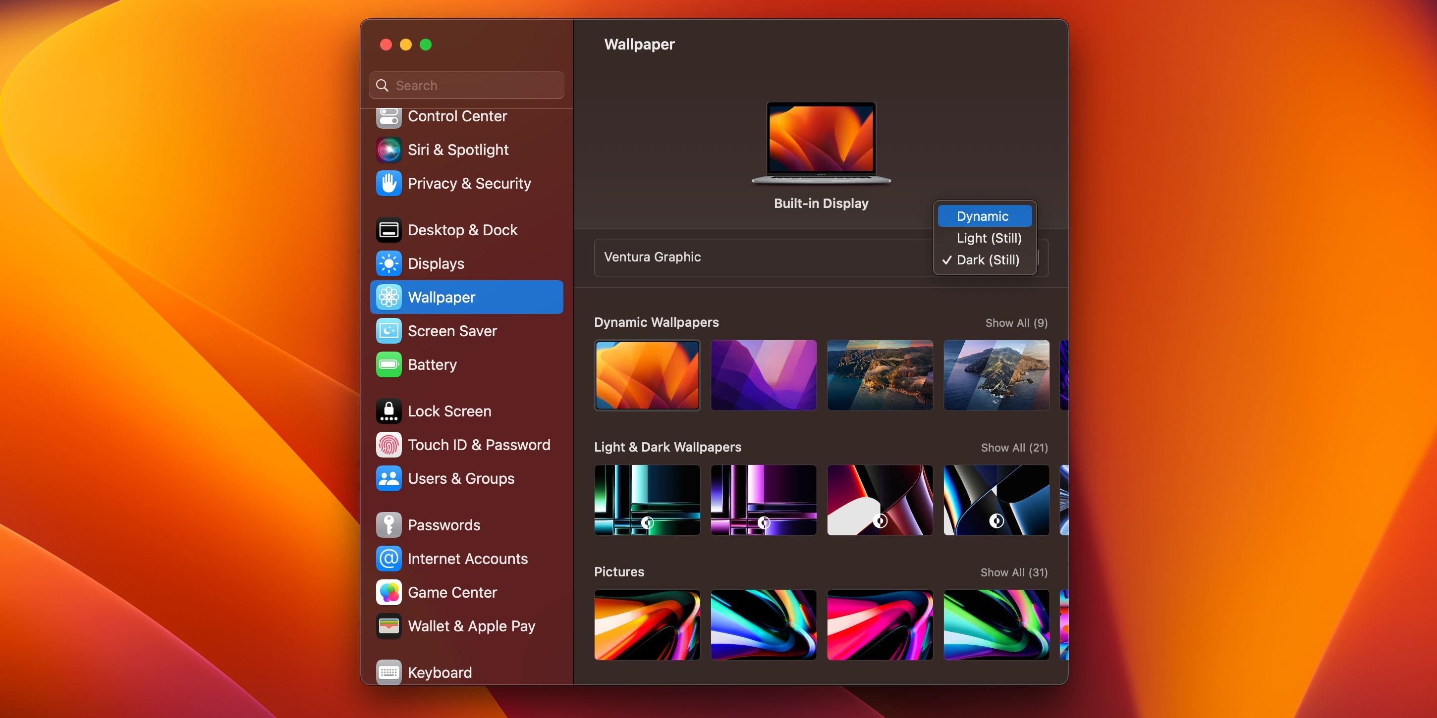 Apple macOS Ventura System Settings Wallpaper menu selection Dynamic