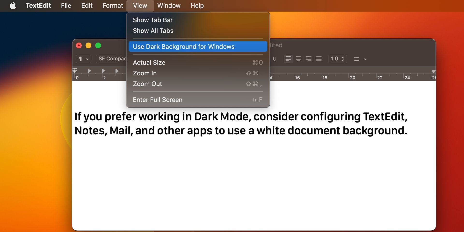 TextEdit on macOS Ventura in Dark Mode with a white document background