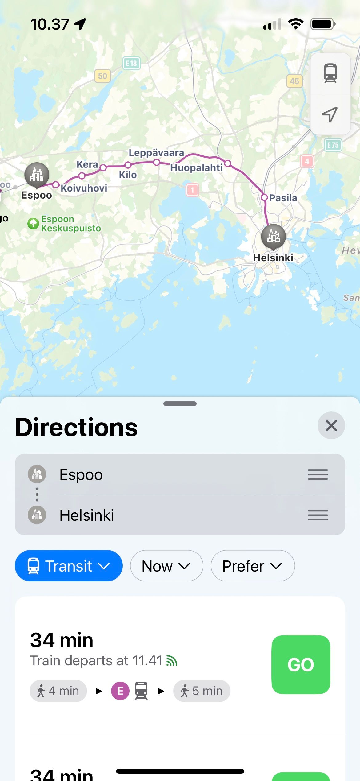 Apple Maps Public Transport Options Helsinki