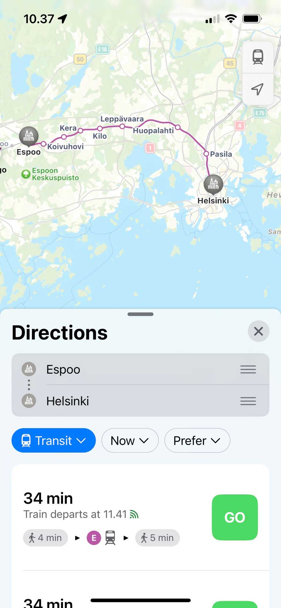 Apple Maps Public Transport Options Helsinki