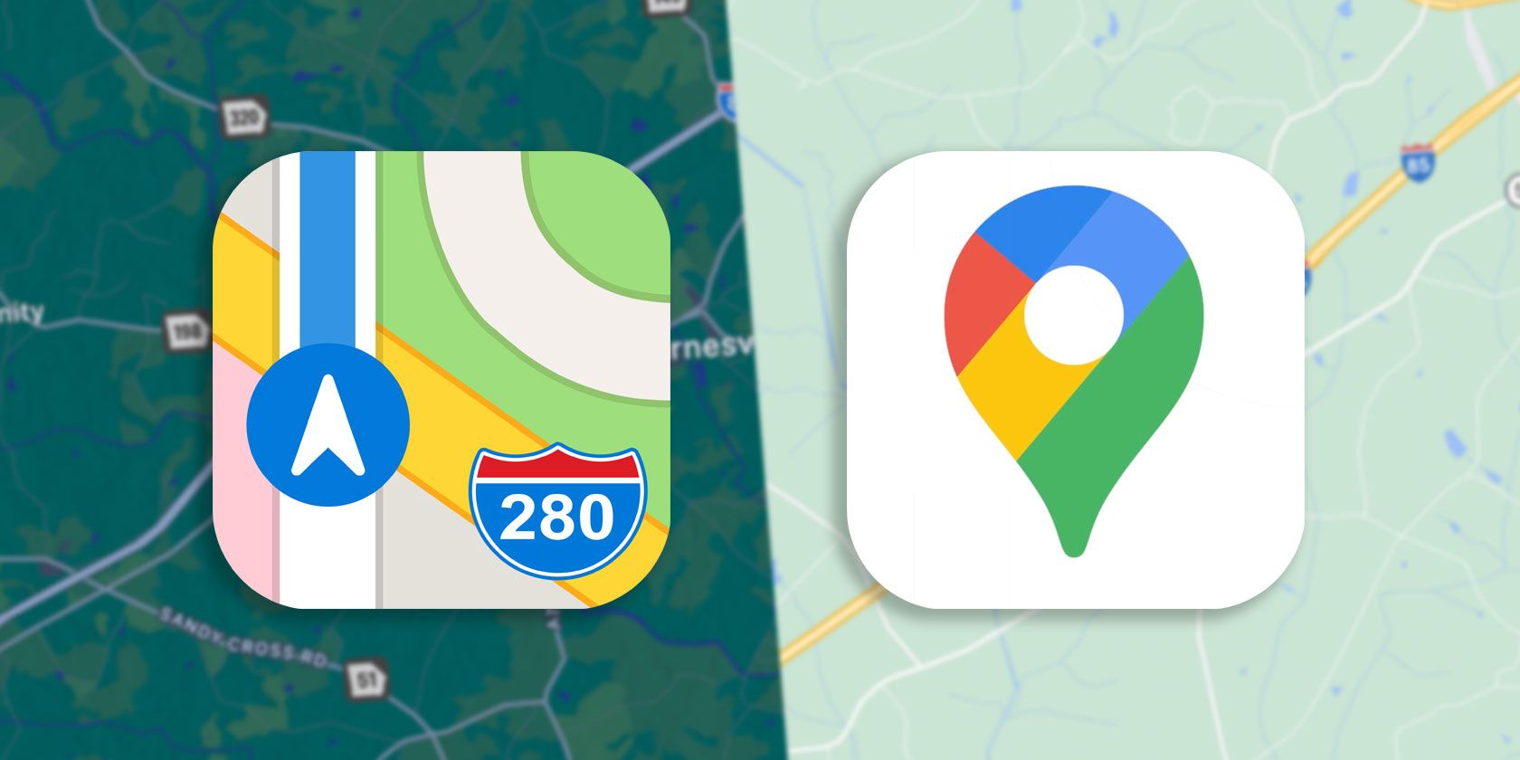 Apple Maps and Google Maps icons on top of screenshots