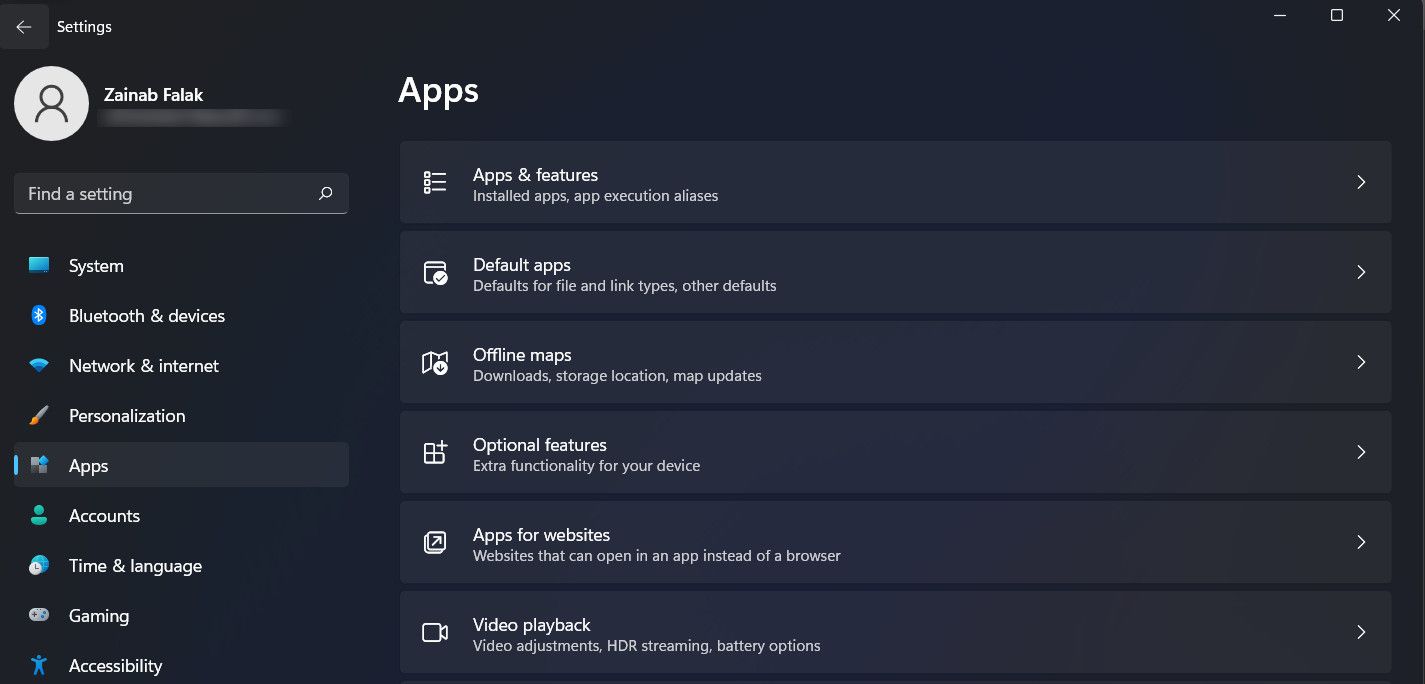 Choose the Apps and features option