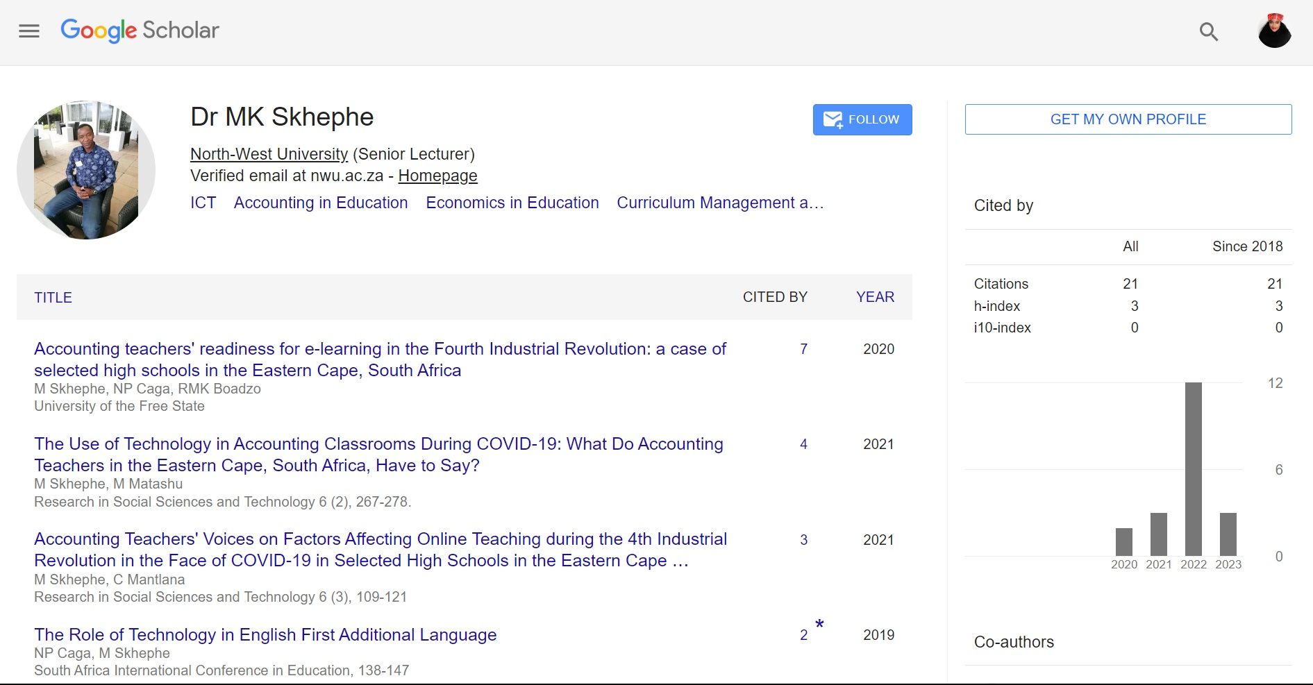 Author page on Google Scholar