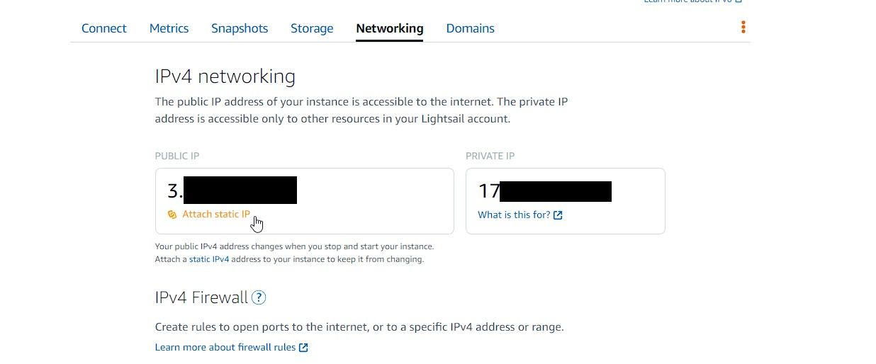 attach the static ip to amazon lightsail instance