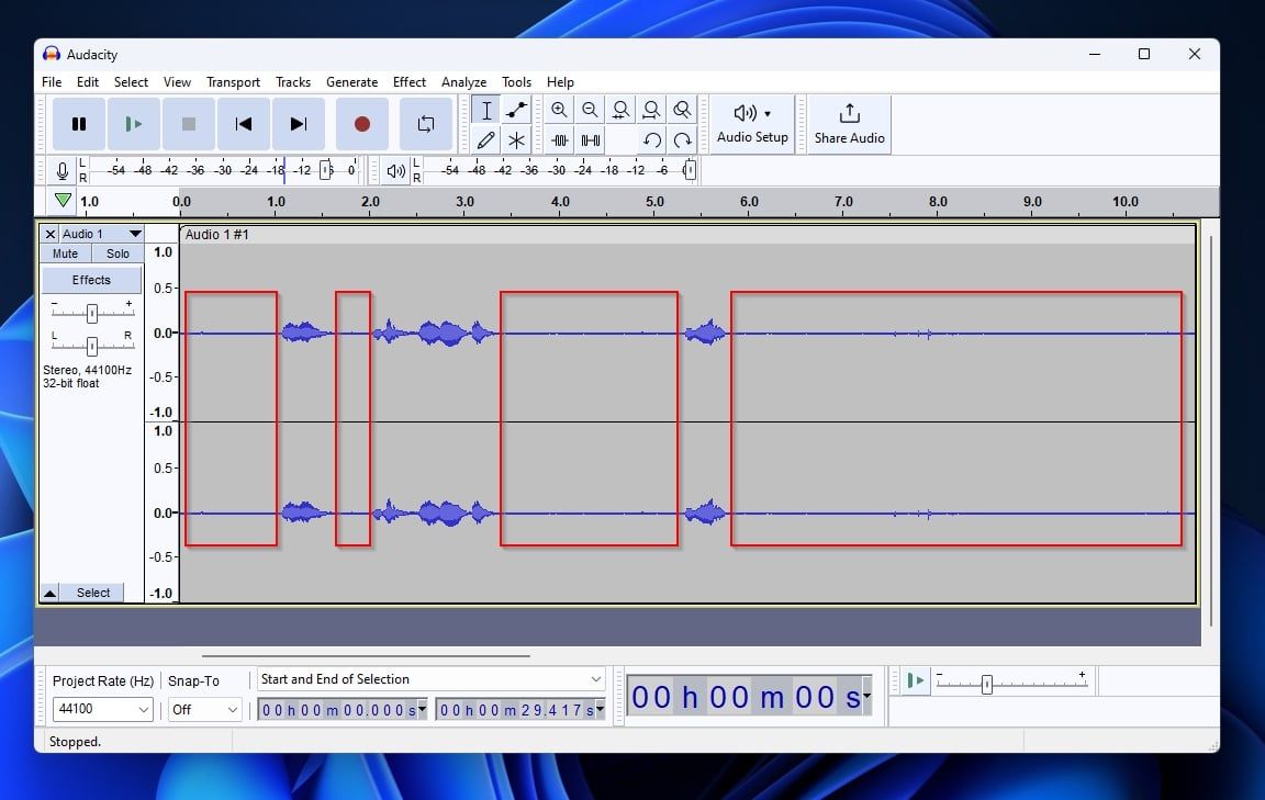 Audacity ضبط سطح نویز کم مکث می کند