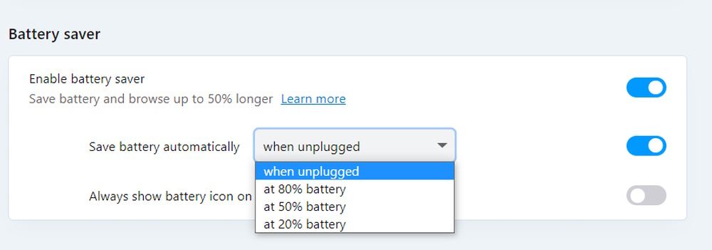 Battery saving mode setting showing dropdown menu