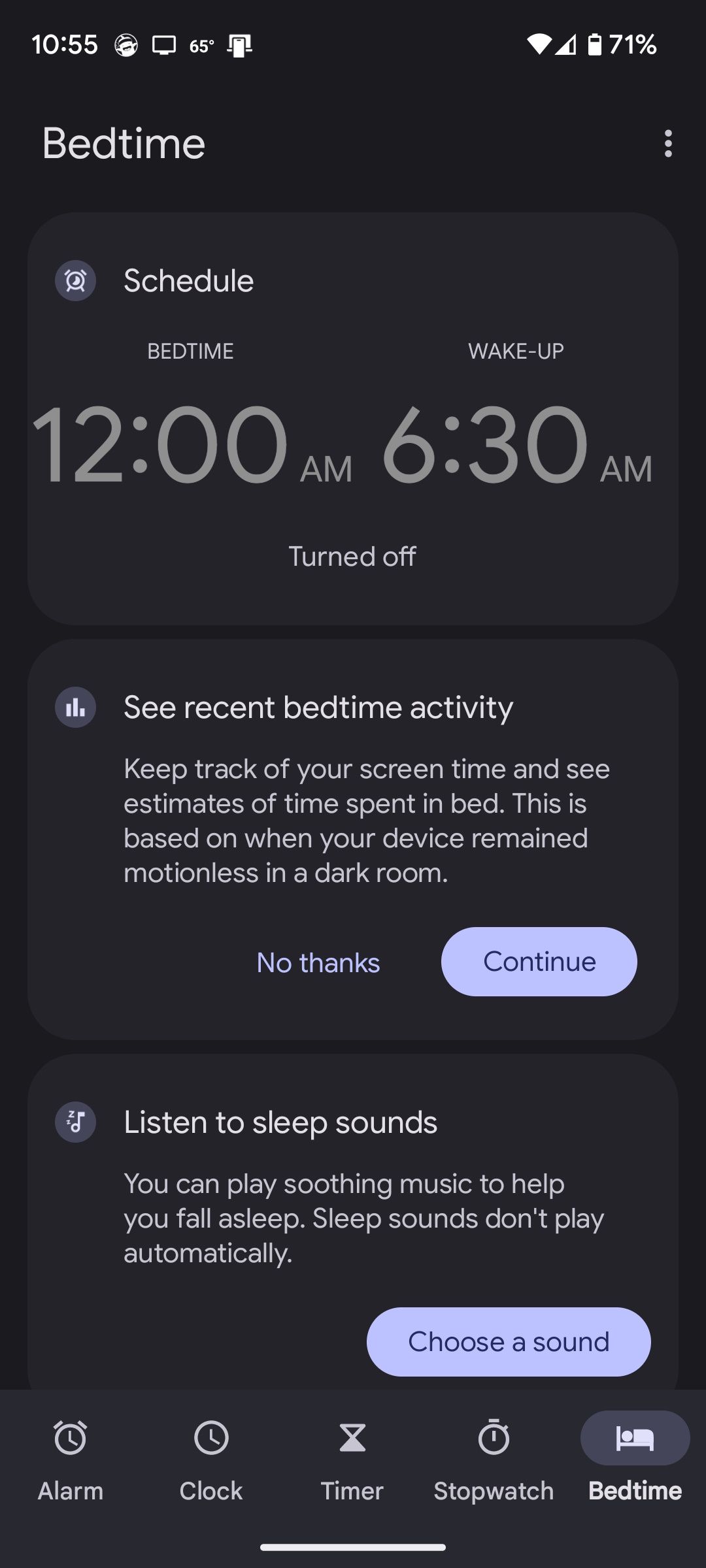 The Bedtime Mode screen in the Android Clock app