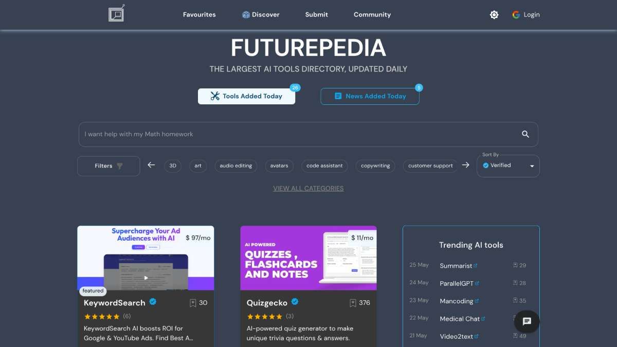 Futurepedia is one of the largest directories of online AI tools, with new apps added daily