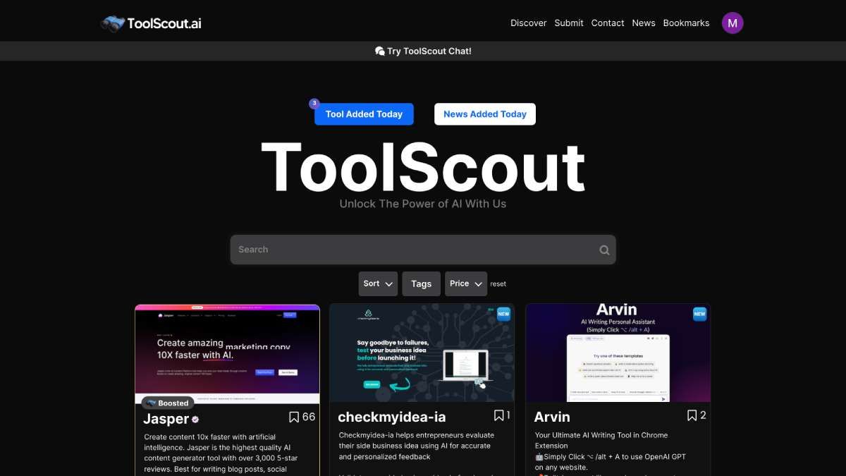 ToolScout lets you randomly discover new AI tools like StumbleUpon, and includes a built-in ChatGPT-like chatbot