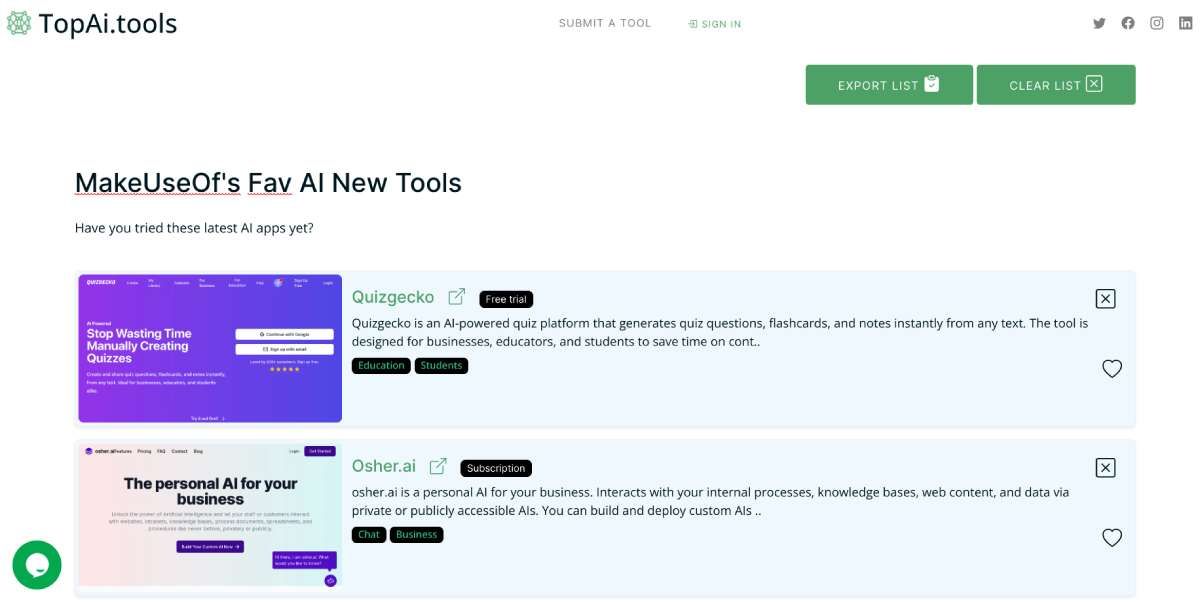 At TopAI.tools, you can create lists of your favorite AI apps and export or share them with others