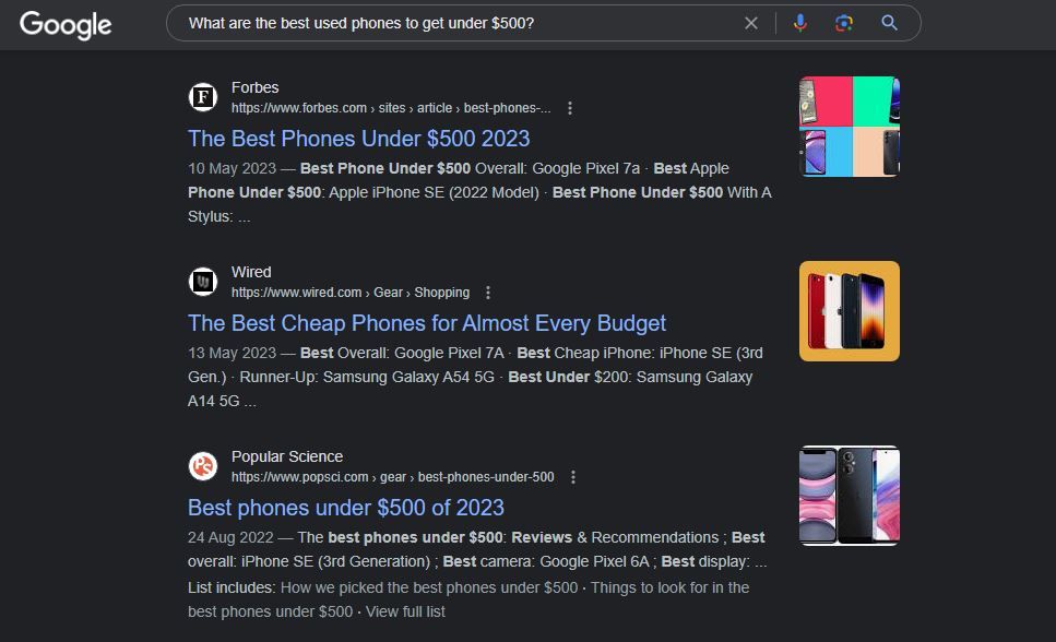 Best used phones under 500 dollars (Standard Google Search)