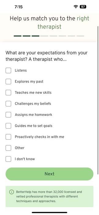 better help therapy app question page