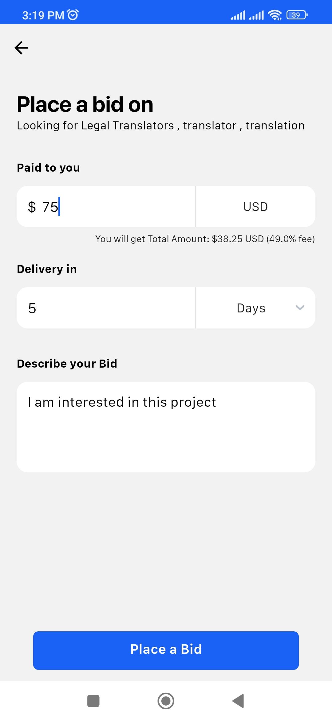Bidding page in the 24Task app