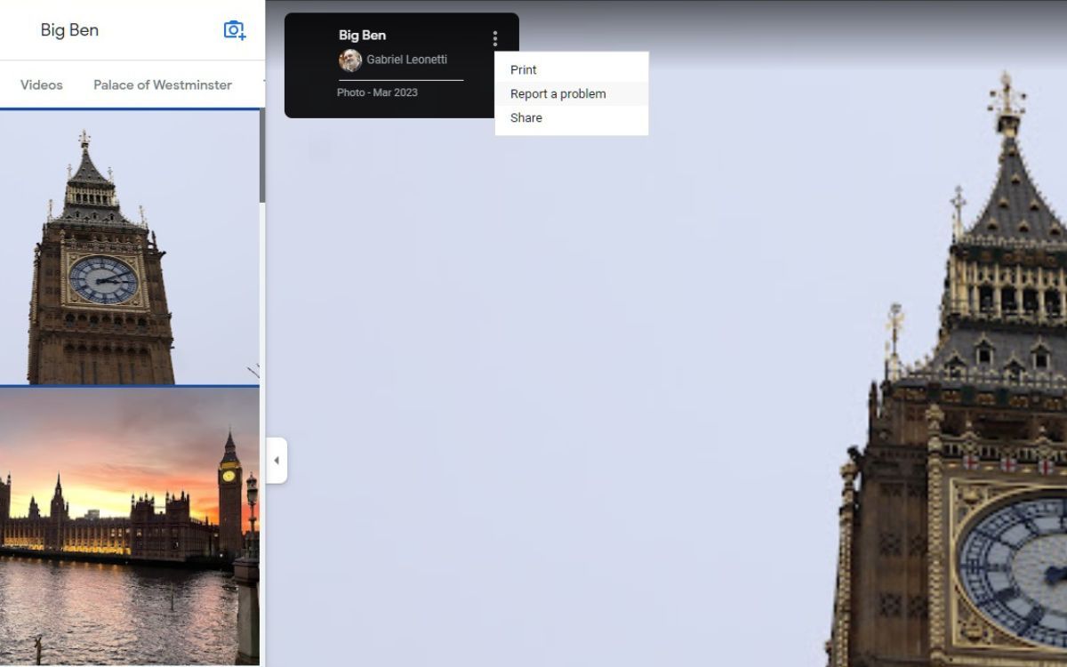 A screenshot of the Big Ben image with the hover over Report a problem in the ellipsis menu