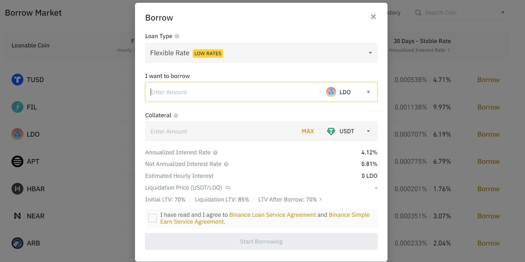 Binance Borrow Loan Page