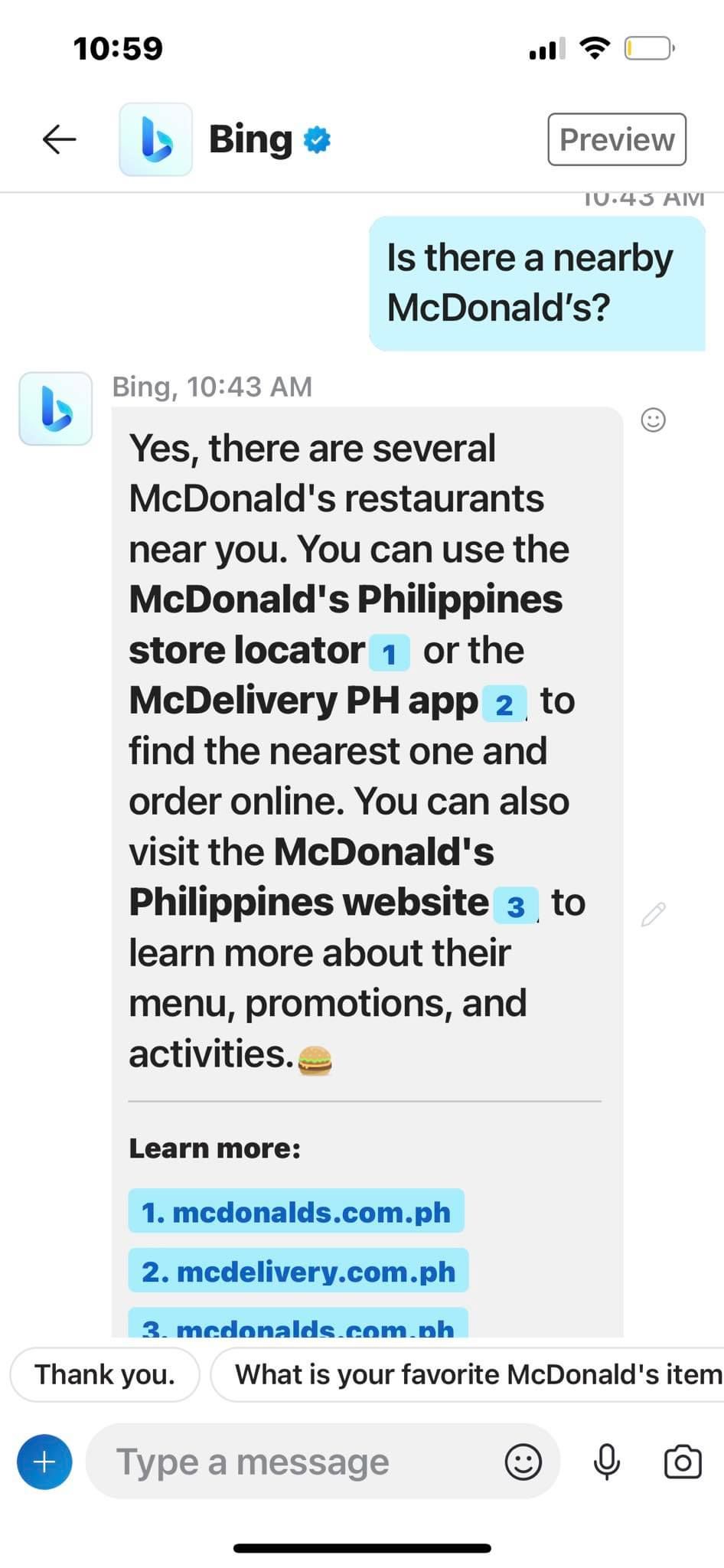 Bing AI Can't Recommend Nearby Mcdonald's Locations