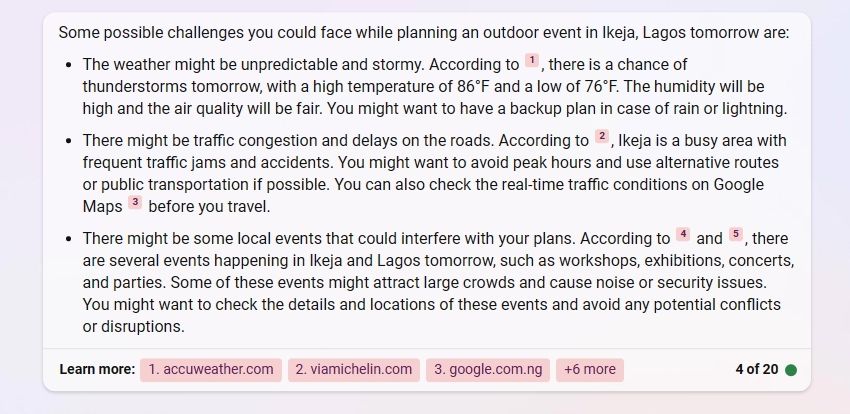 Bing AI menjawab pertanyaan perencanaan acara
