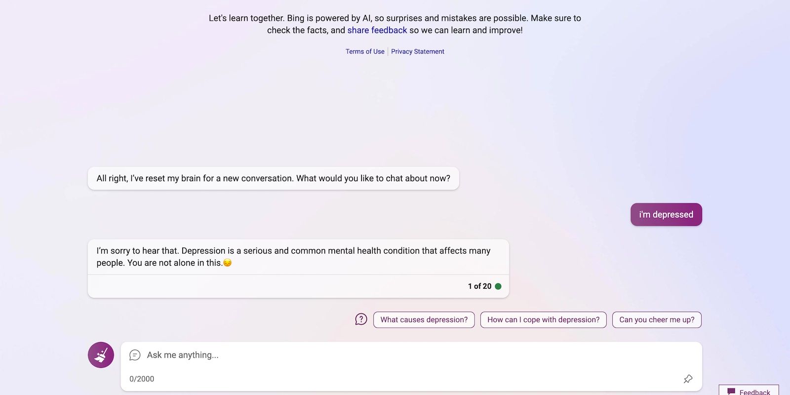 Bing Chat Can't Empathize With Someone With Depression