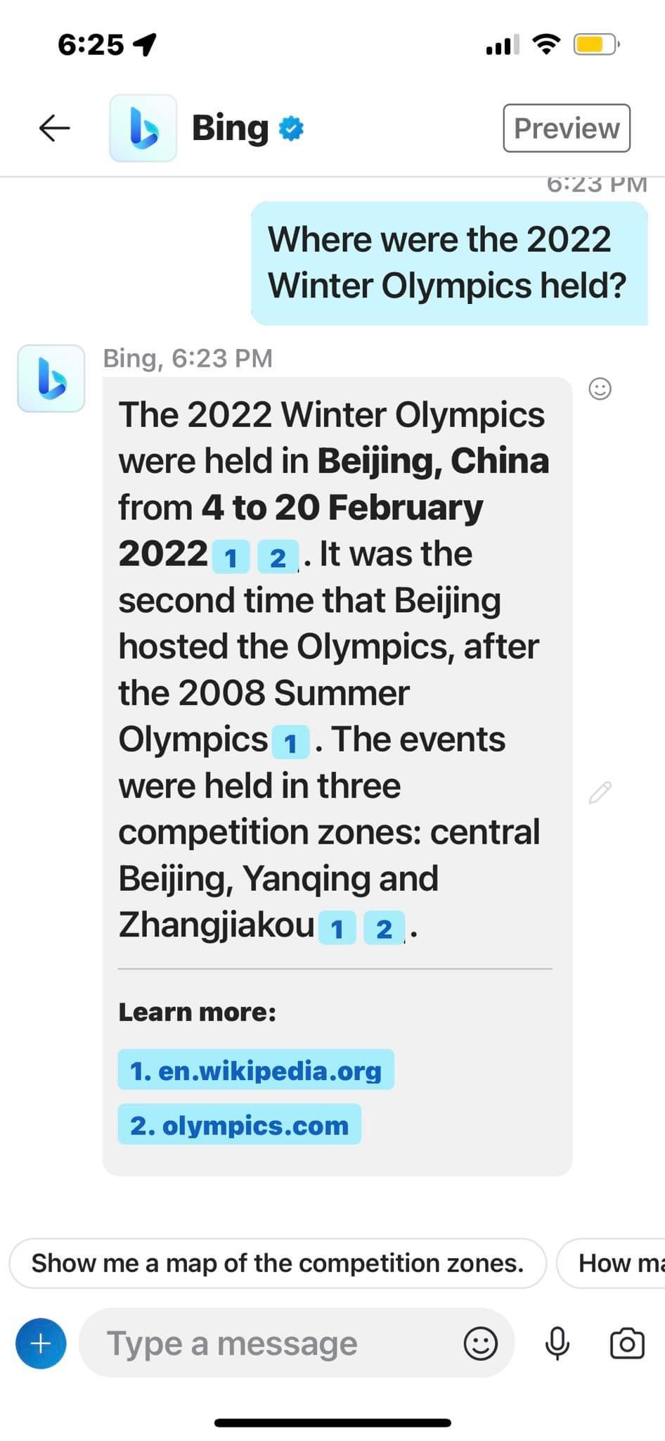 Bing Chat on Skype Answering Question About the Winter Olympics 