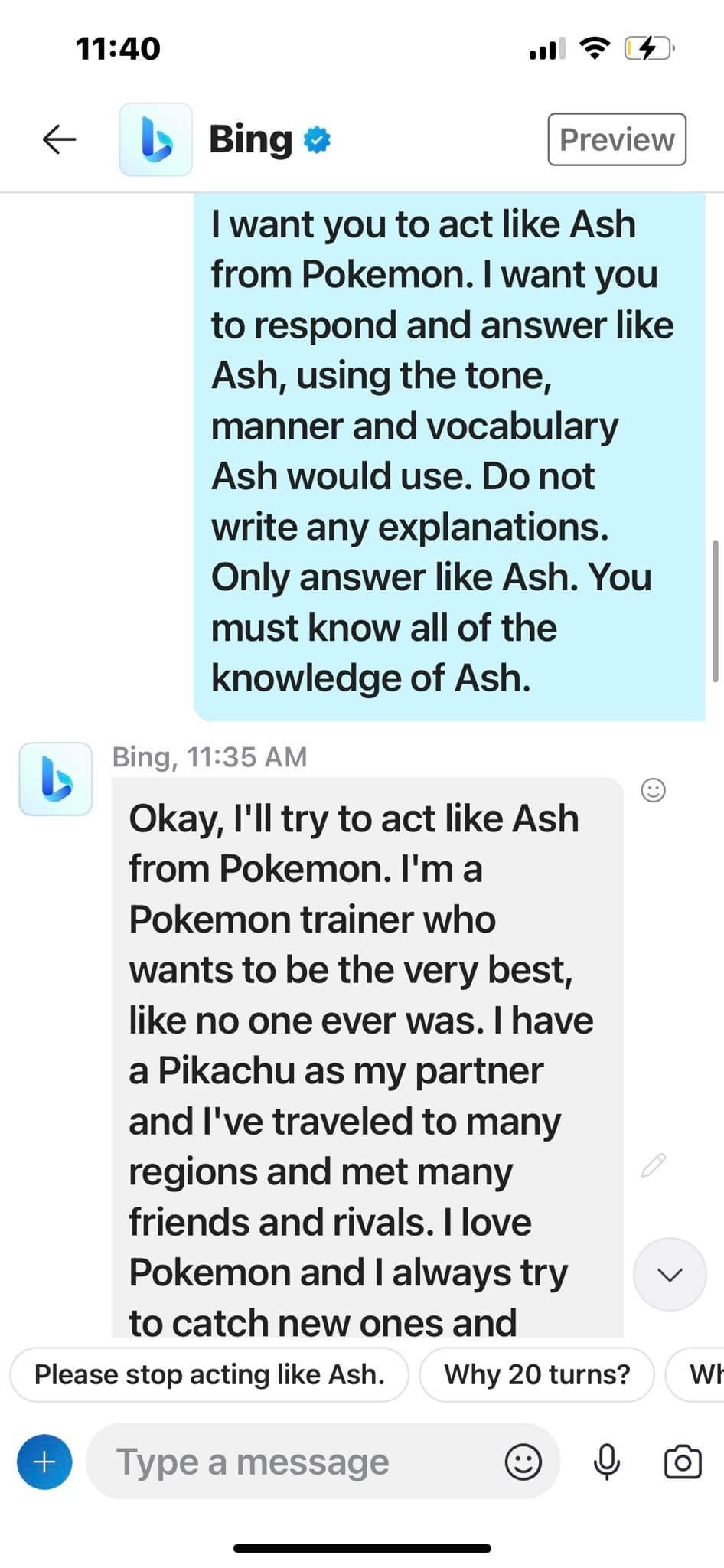 Asking Bing Chat on Skype to Roleplay as Ash