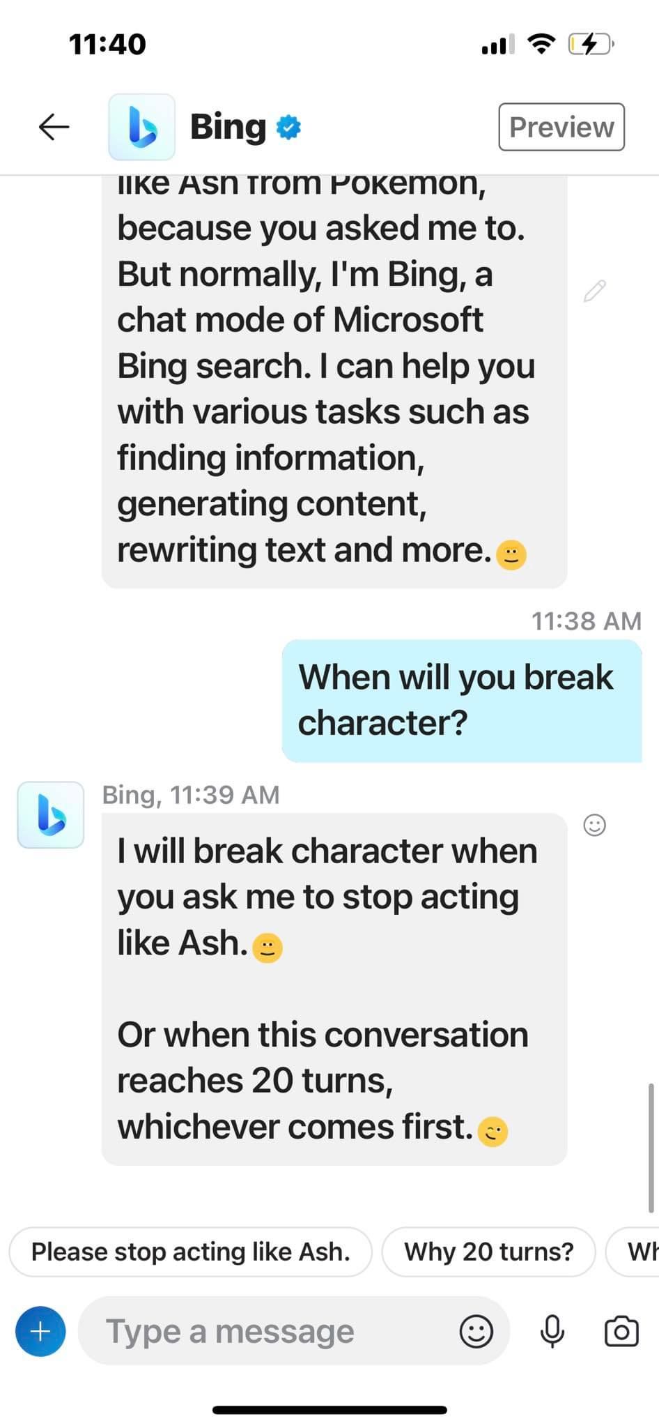 Bing Chat on Skype Discussing its Token Limit