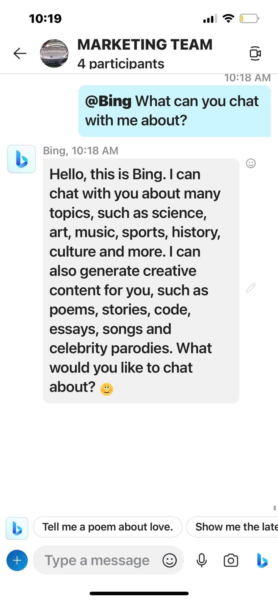 Bing Chat Helping With Tasks in Skype Group Chat