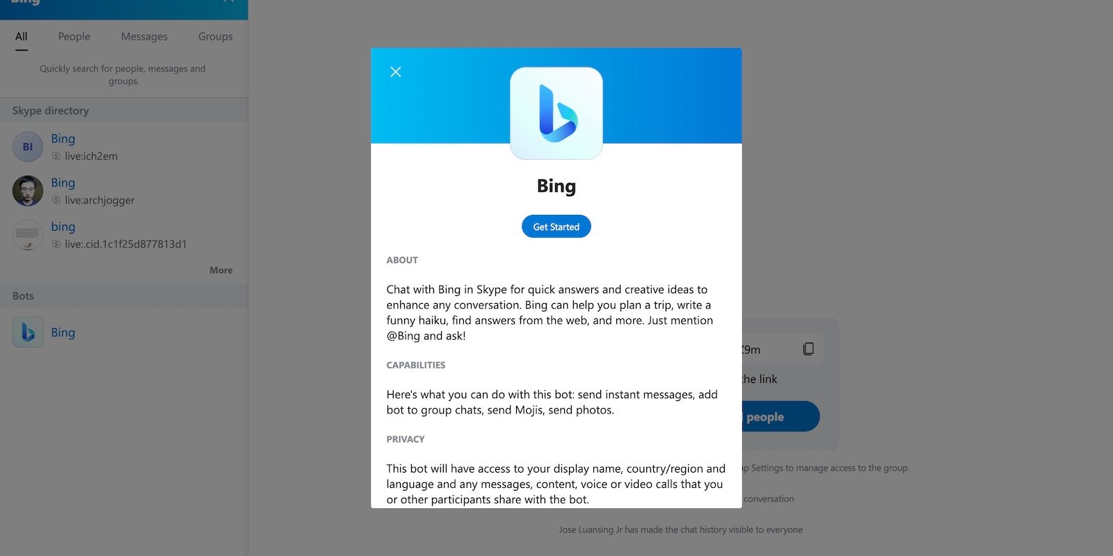 Message Saying You Can Use Bing on Skype