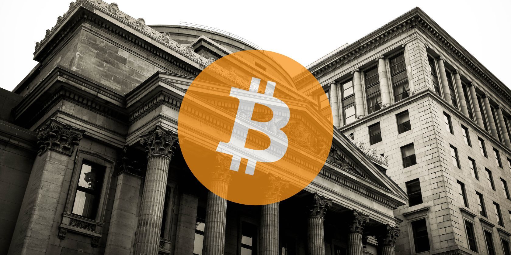 bitcoin logo in front of picture of bank building