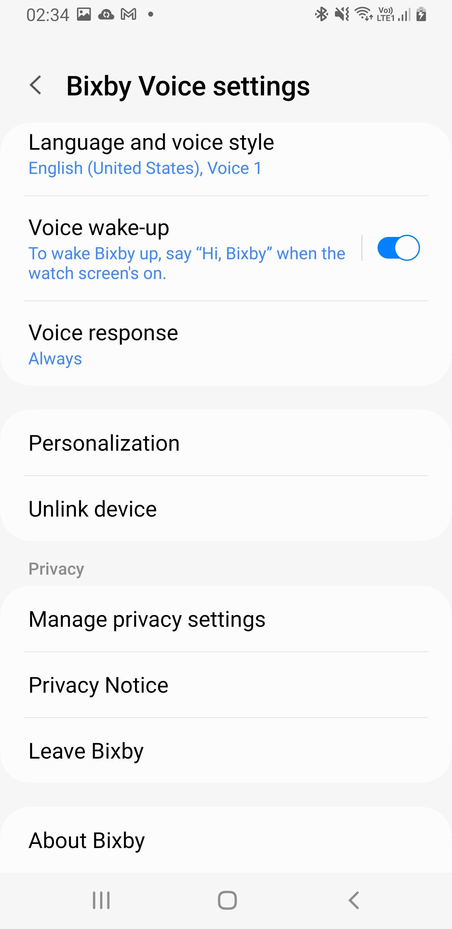 Bixby Voice settings on Galaxy Wearable