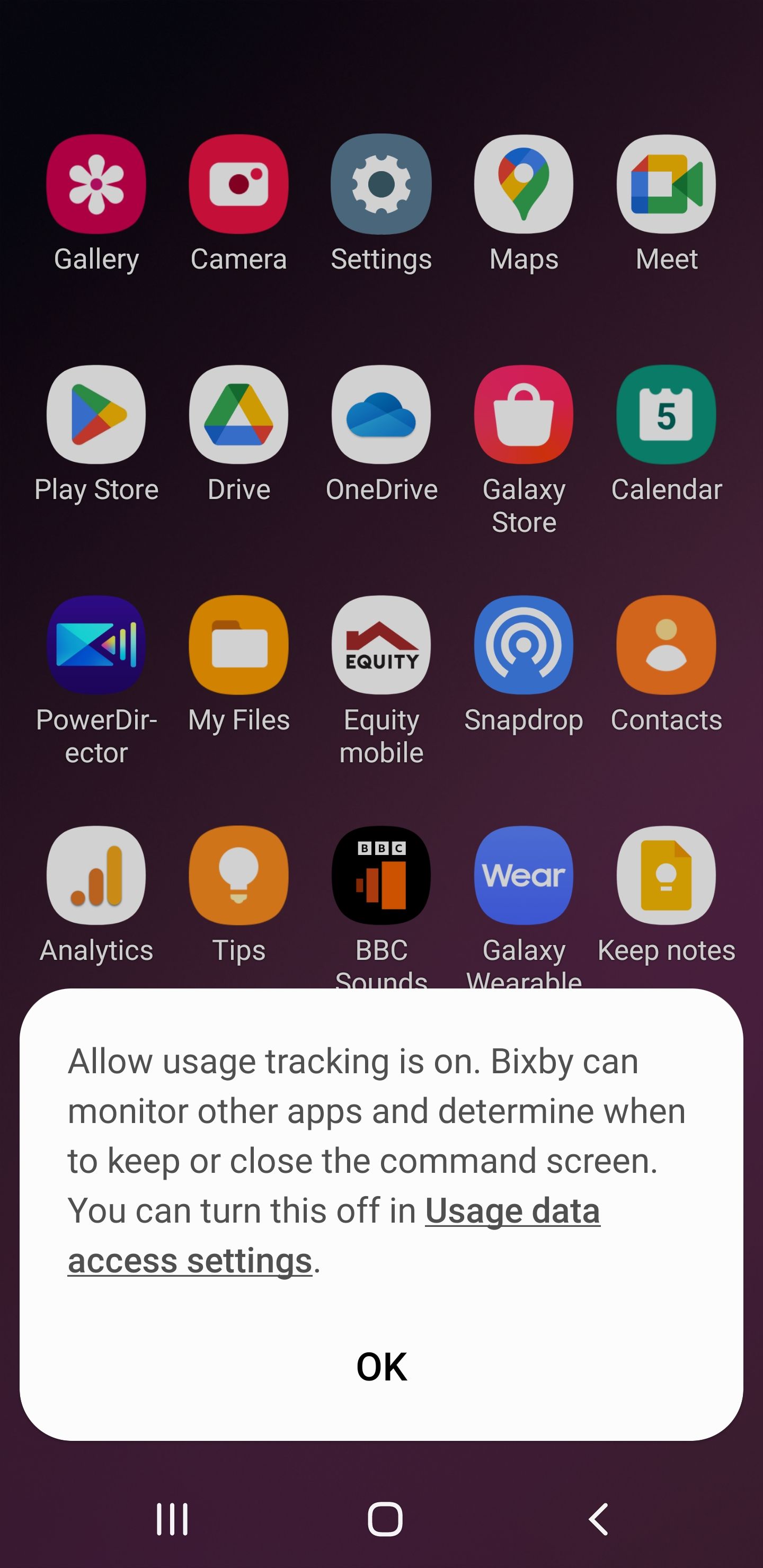 Bixby Usage tracking prompt