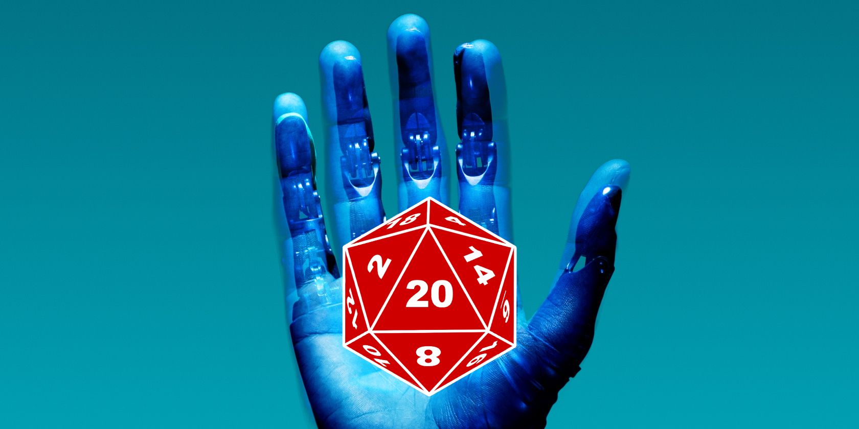 Blue robotic hand holding the image of a d20 die