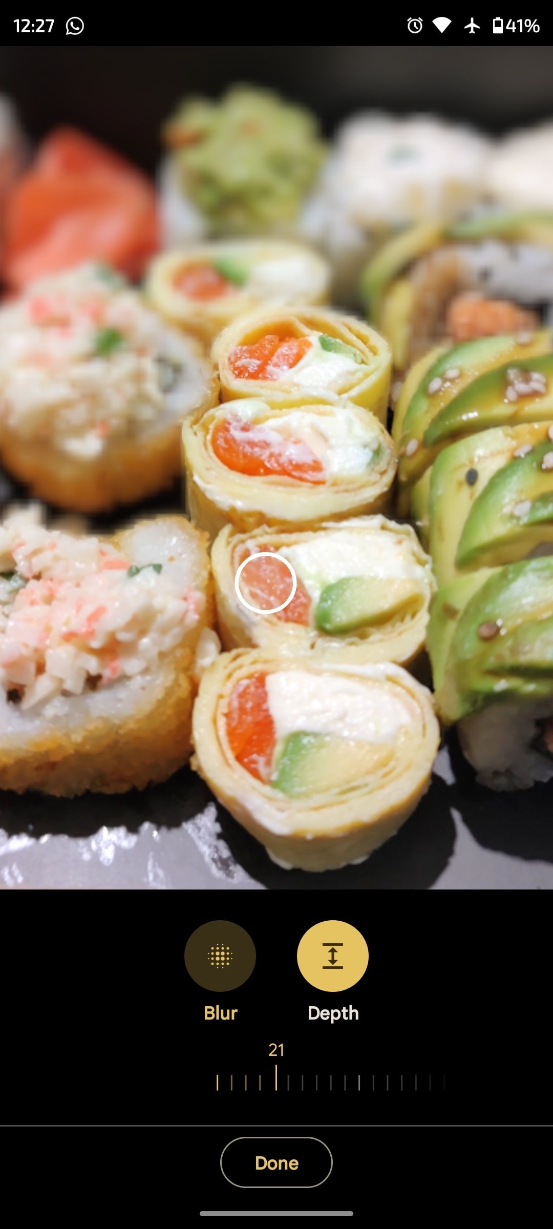 Depth selection being used on a picture of sushi