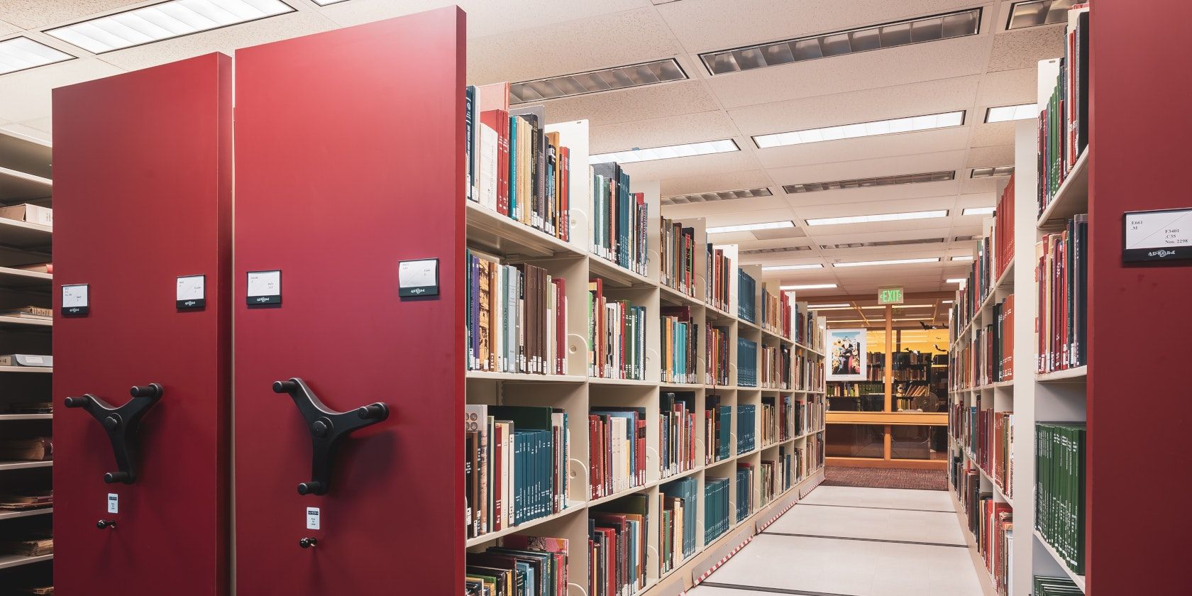 Books on library shelves