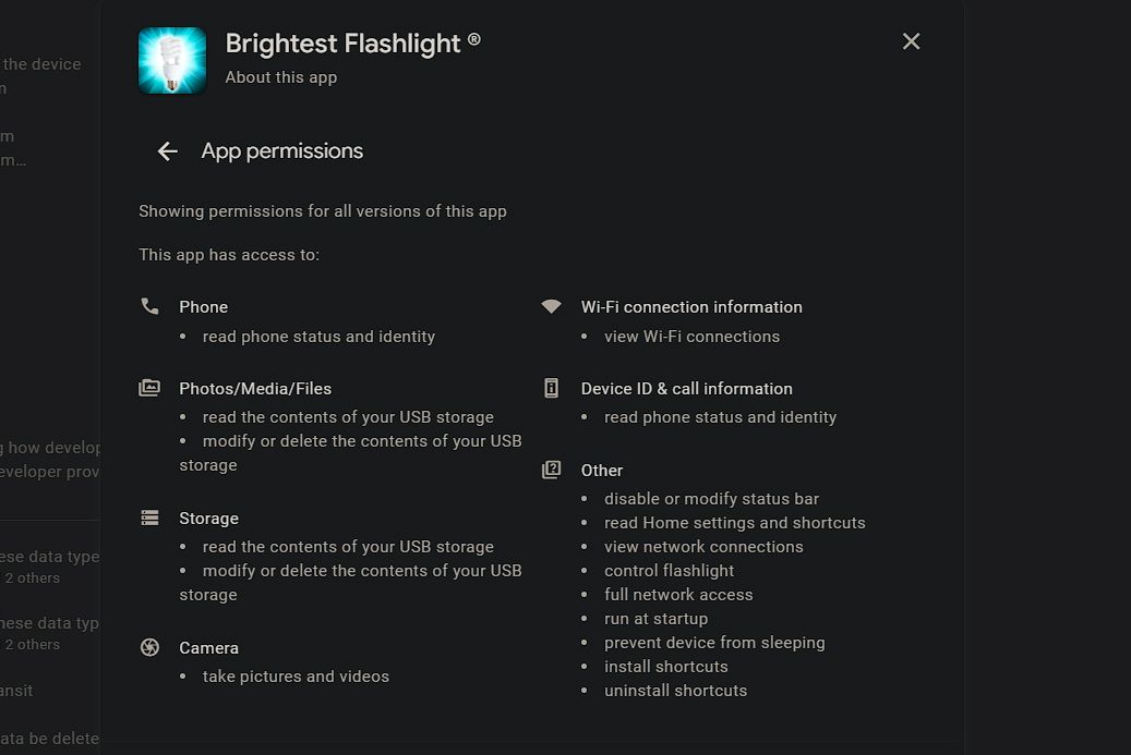 Brightest Flashlight App Permissions 